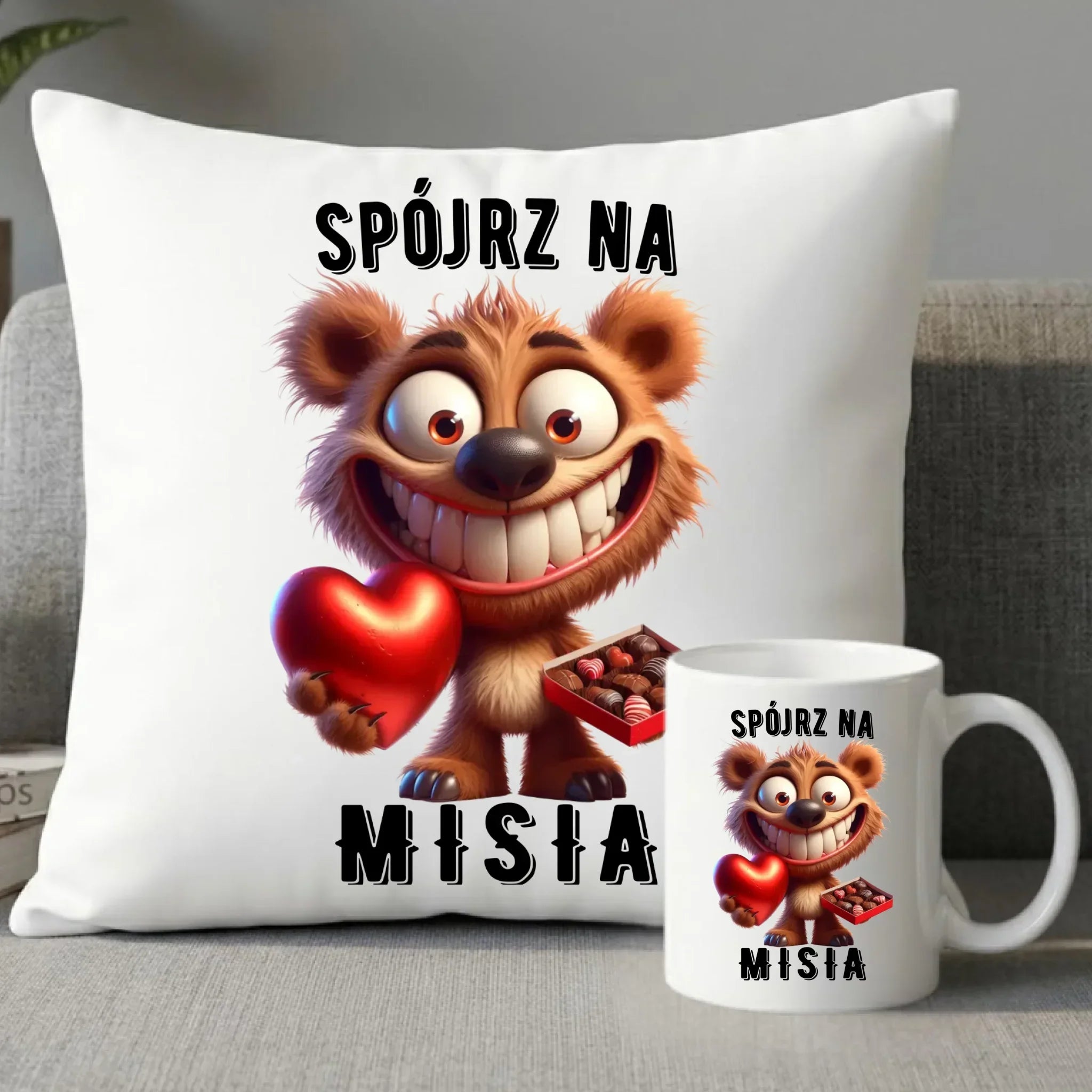 Zestaw poduszka i kubek na Walentynki - Spójrz na Misia W31 - StoryCups.pl