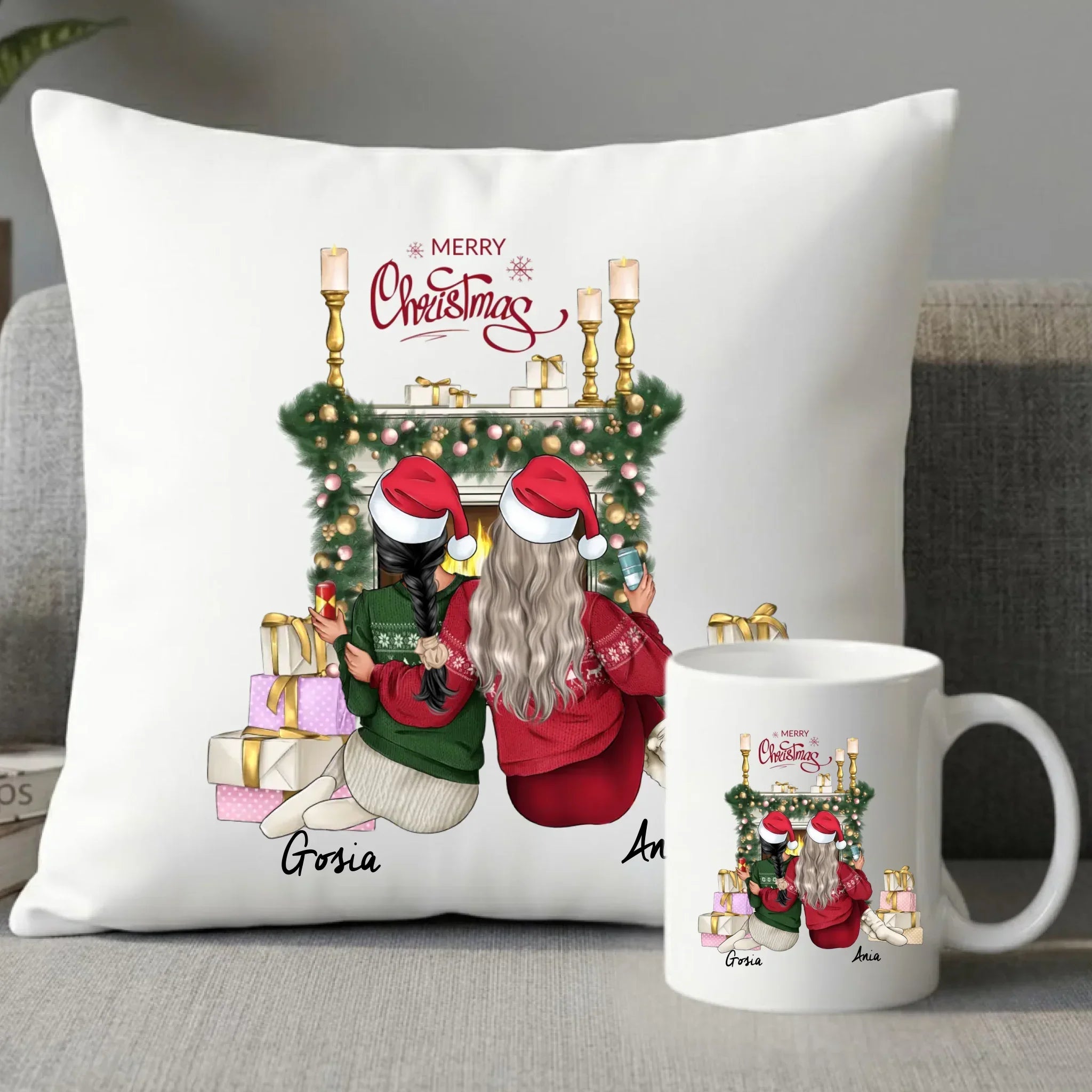 Zestaw poduszka i kubek świąteczny - prezent dla przyjaciółki - personalizowane postacie 2-4 osoby PR04 - StoryCups.pl