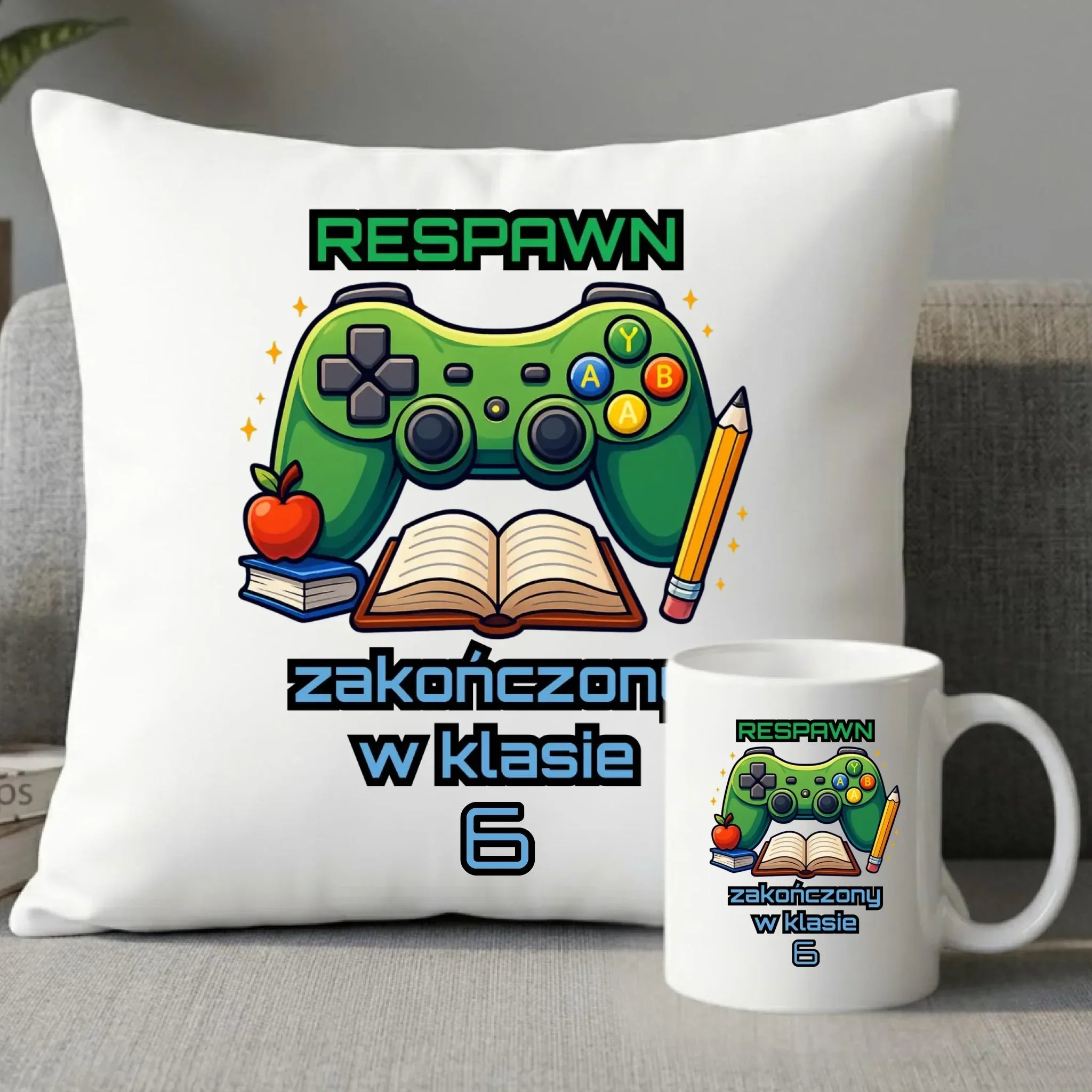 Zestaw poduszka i kubek szkolny - Respawn - gamer do szkoły - personalizowany SZ18 - StoryCups.pl