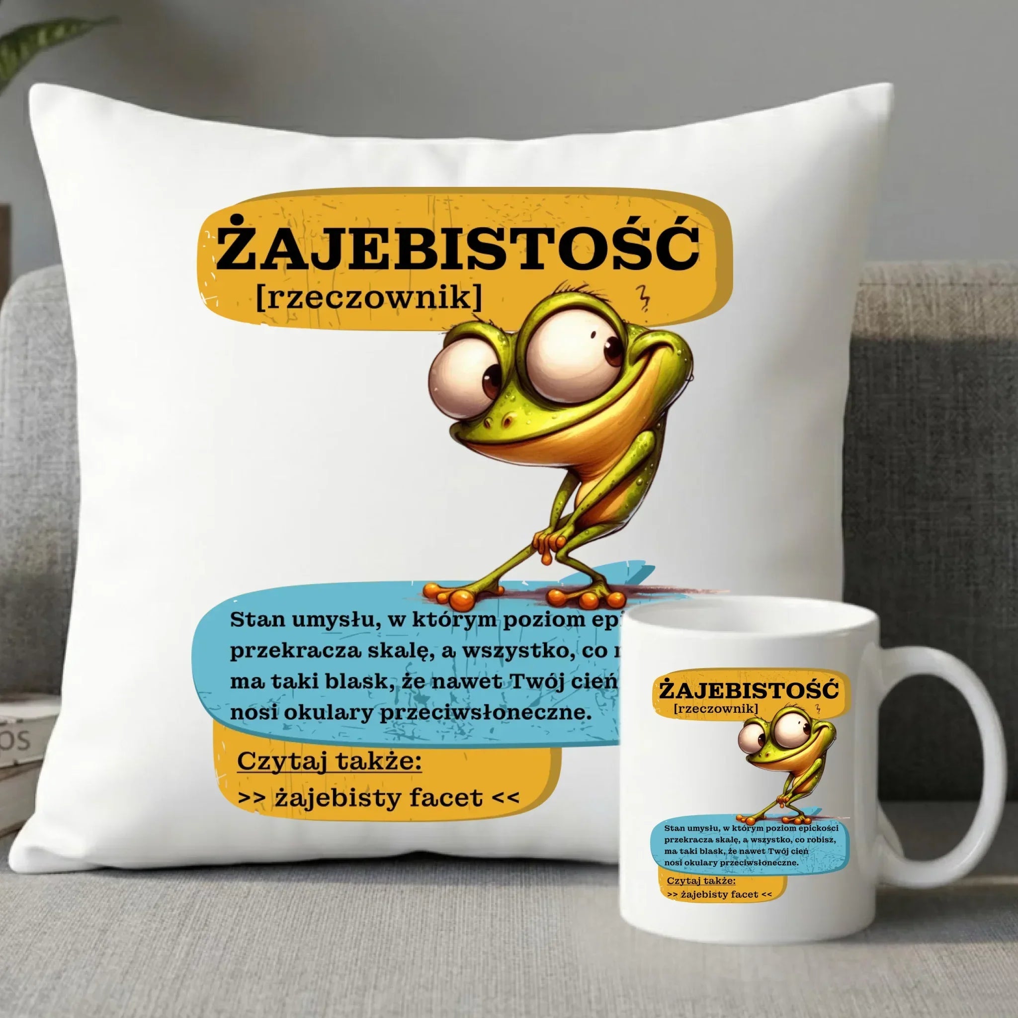 Zestaw poduszka i kubek - Żajebistość [rzeczownik] prezent na Dzień Chłopaka DCH06 - StoryCups.pl