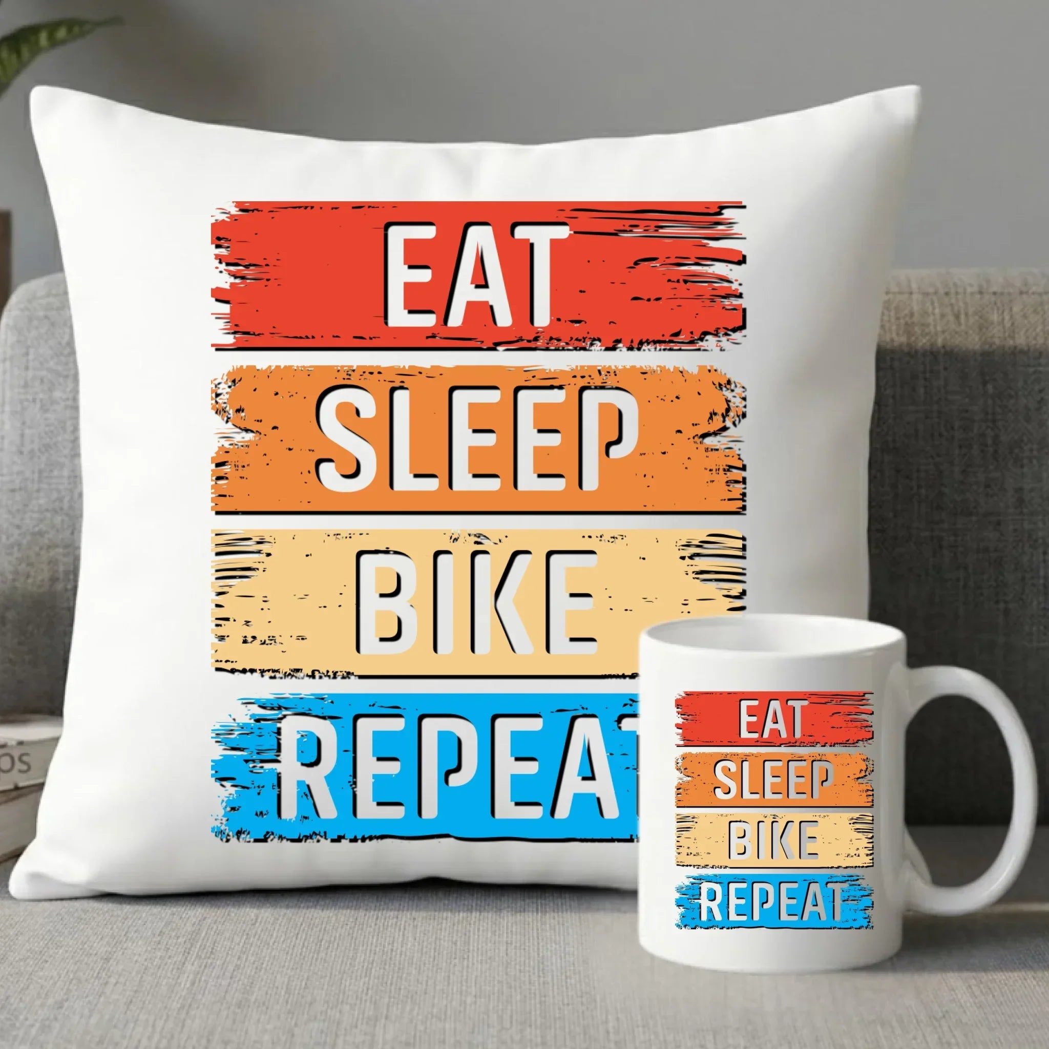 Eat Sleep Bike Repeat | Zestaw poduszka i kubek dla rowerzysty HR03 - StoryCups.pl