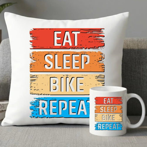 Eat Sleep Bike Repeat | Zestaw poduszka i kubek dla rowerzysty HR03 - StoryCups.pl