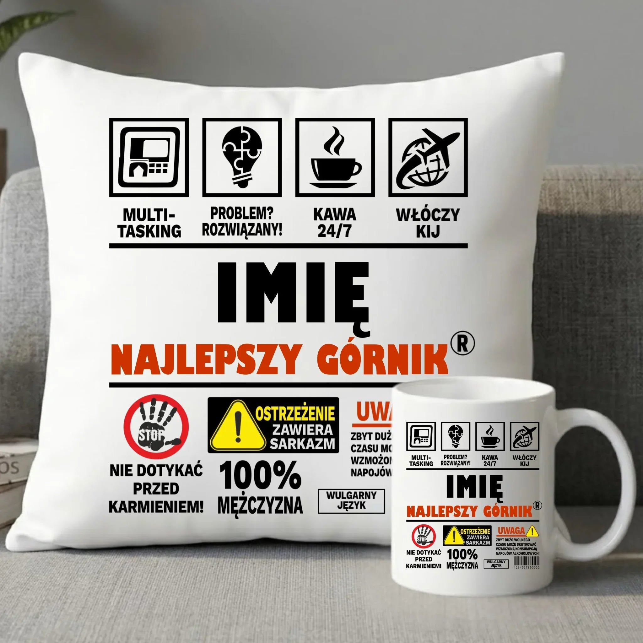 Zestaw poduszka i kubek - prezent dla górnika - Najlepszy górnik 24/7 - personalizowany G11 - StoryCups.pl