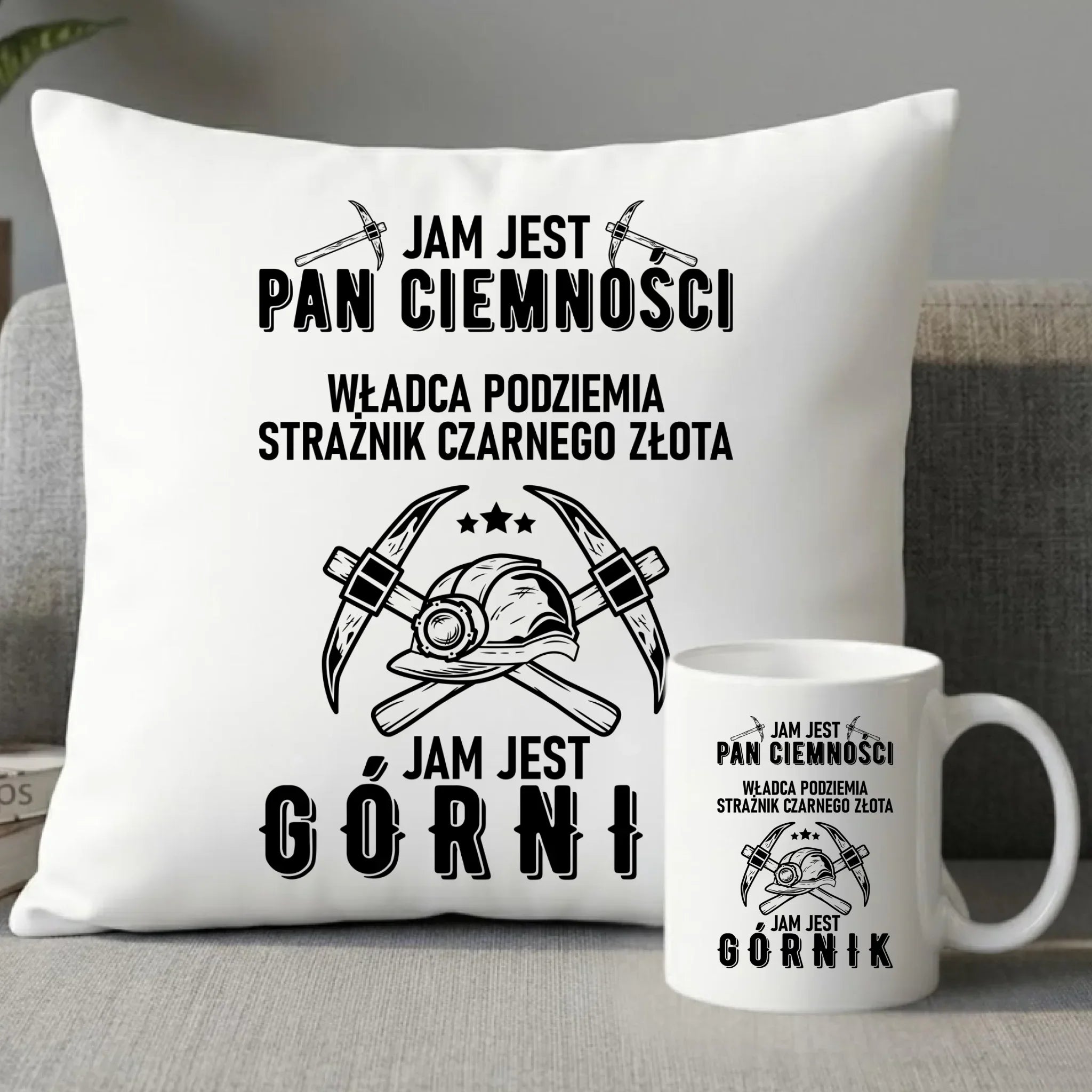 Zestaw poduszka i kubek - prezent dla górnika - Pan ciemności jam jest górnik G04 - StoryCups.pl
