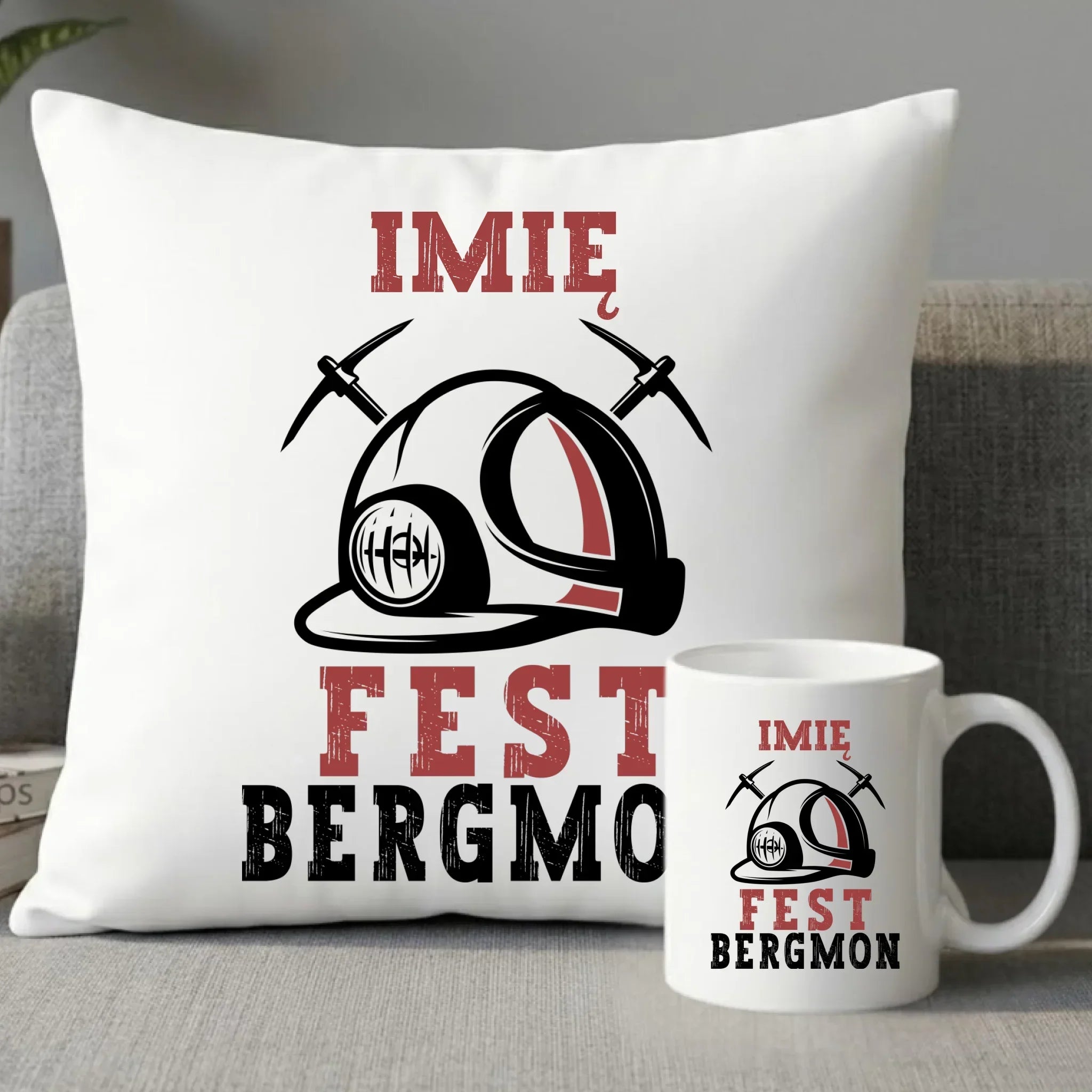 Zestaw poduszka i kubek - prezent dla górnika - Fest bergmon - personalizowany G07 - StoryCups.pl
