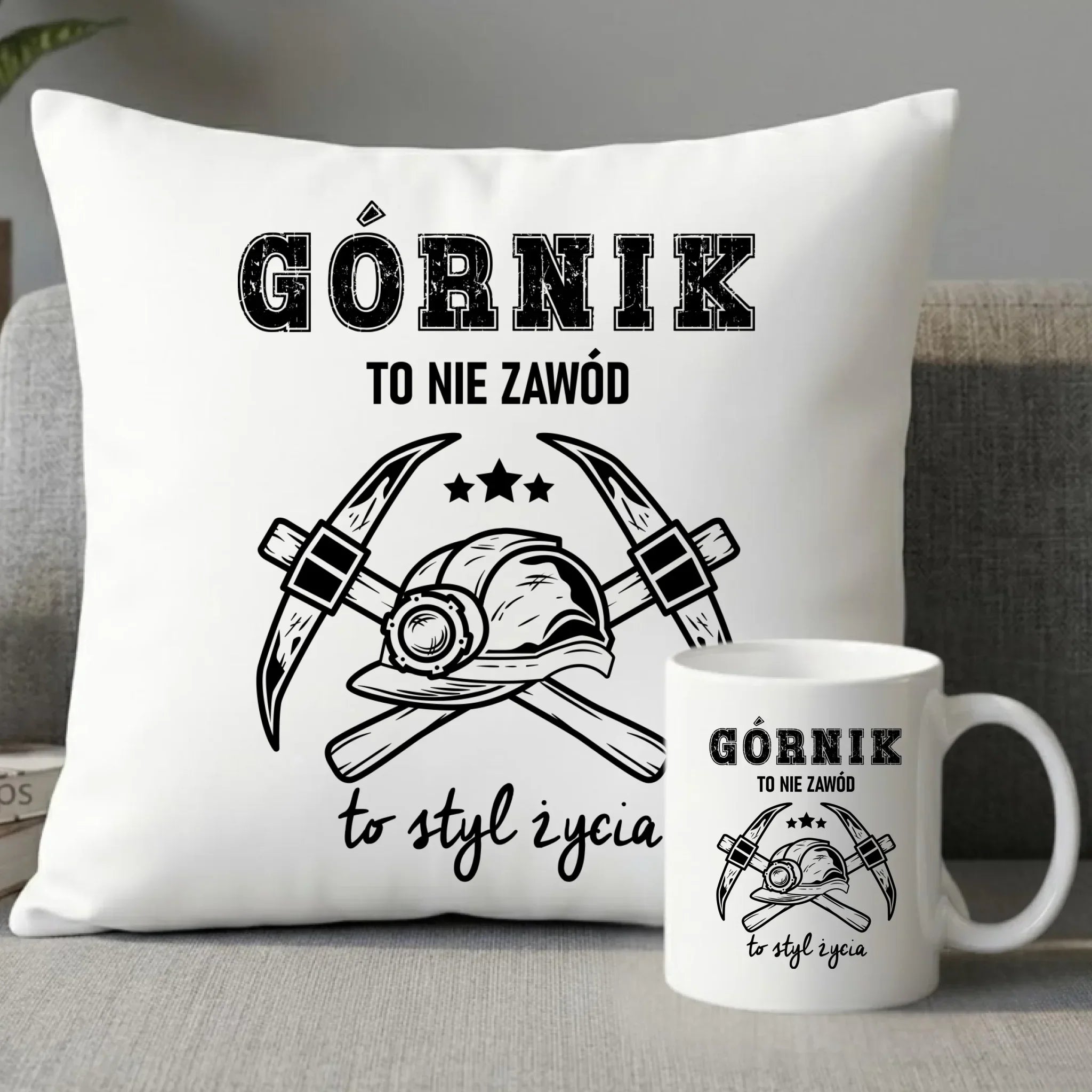 Zestaw poduszka i kubek - prezent dla górnika - Górnik to nie zawód to styl życia G05 - StoryCups.pl