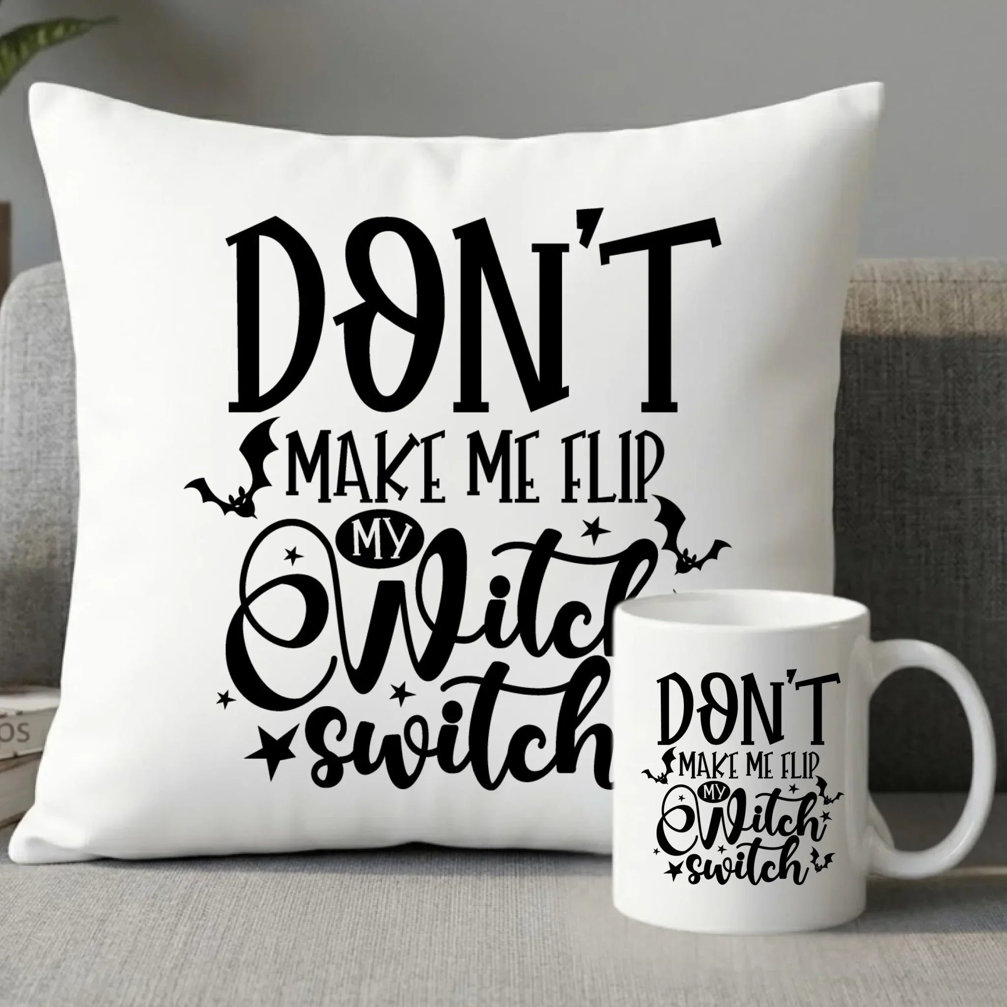 Zestaw poduszka i kubek na Halloween - Don't make me flip my witch switch - śmieszny HL11 - StoryCups.pl