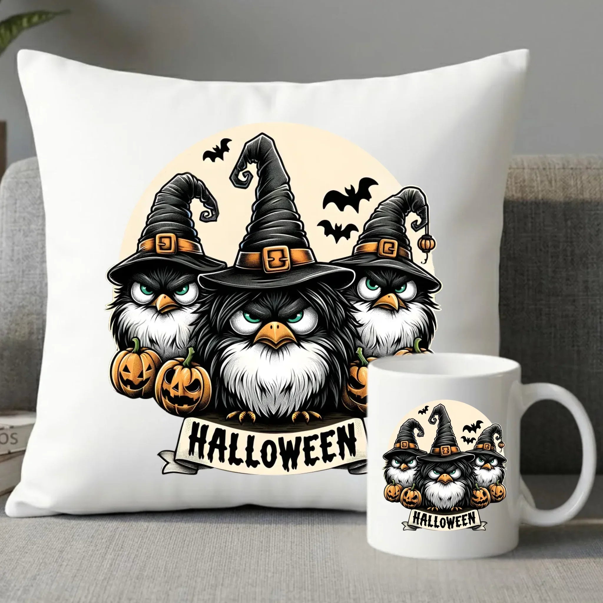 Zestaw poduszka i kubek na Halloween - Upiorne sowy wiedźmy HL15 - StoryCups.pl