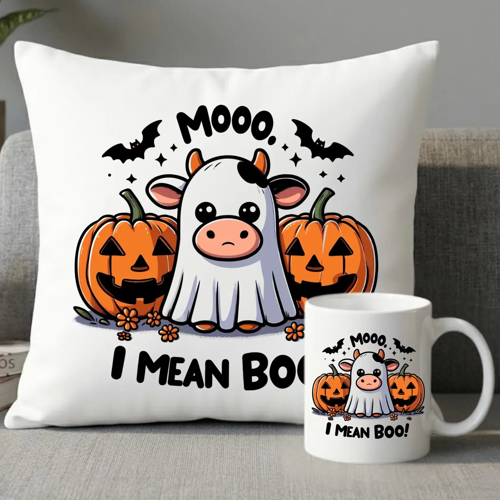 Zestaw poduszka i kubek na Halloween na Halloween - Mooo I mean Boo! - z dynią i duchem HL14 - StoryCups.pl