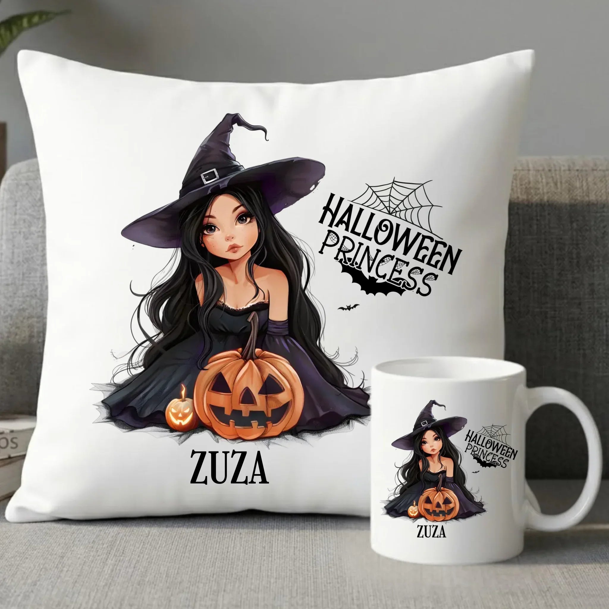 Zestaw poduszka i kubek halloweenowy - Czarownica z dynią - personalizowany HL10 - StoryCups.pl