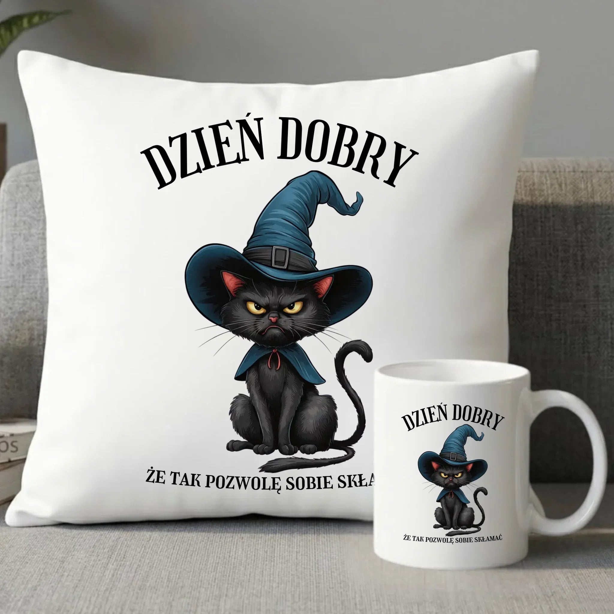 Zestaw poduszka i kubek halloweenowy - Dzień dobry, że tak pozwolę sobie skłamać HL27 - StoryCups.pl