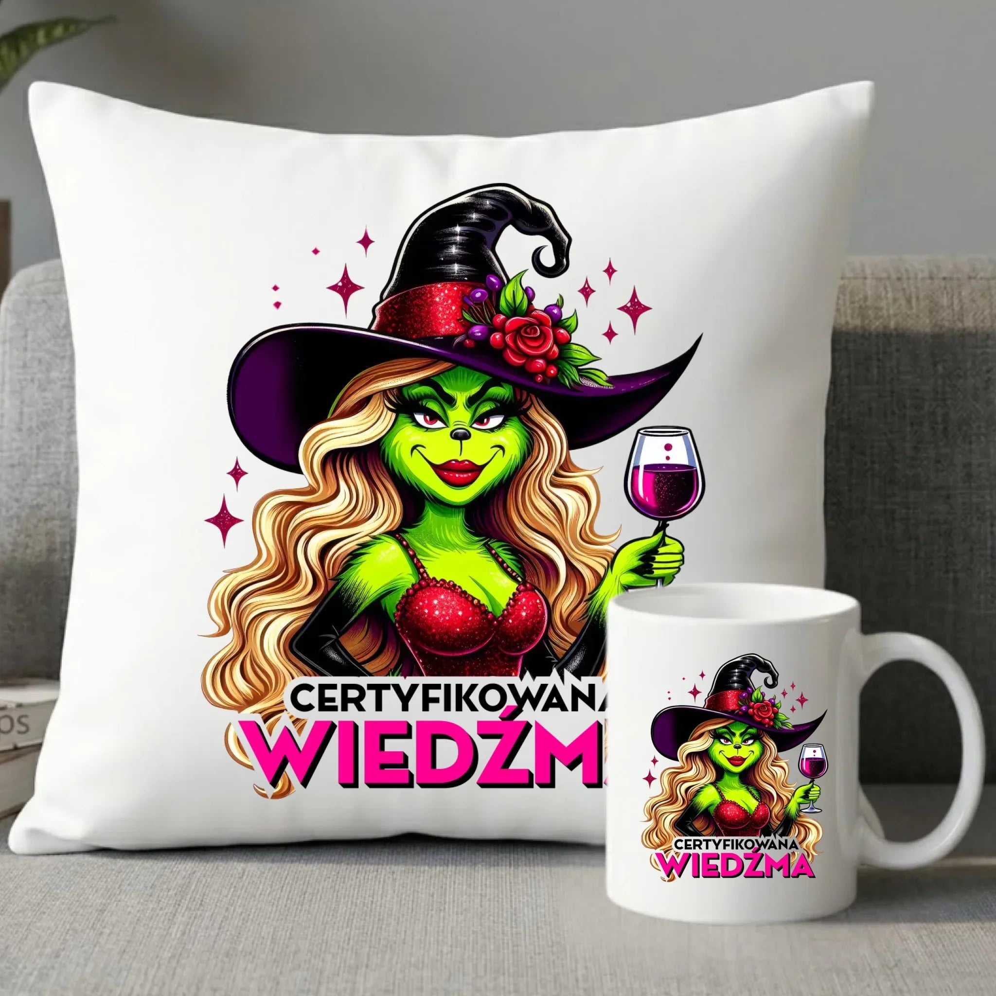 Zestaw poduszka i kubek - Certyfikowana wiedźma - śmieszny HL13 - StoryCups.pl