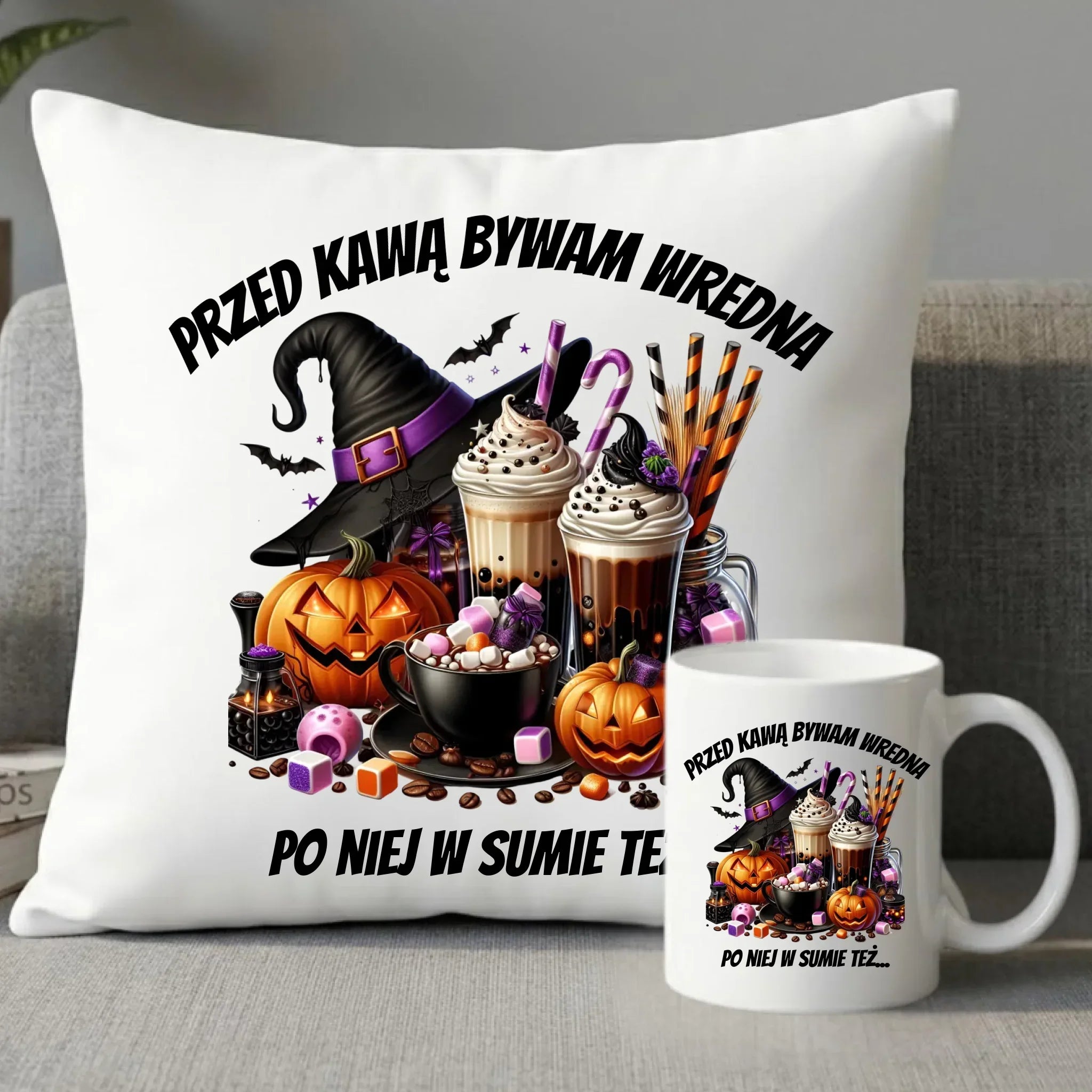 Zestaw poduszka i kubek Halloween – Przed kawą bywam wredna, po niej w sumie też HL30 - StoryCups.pl