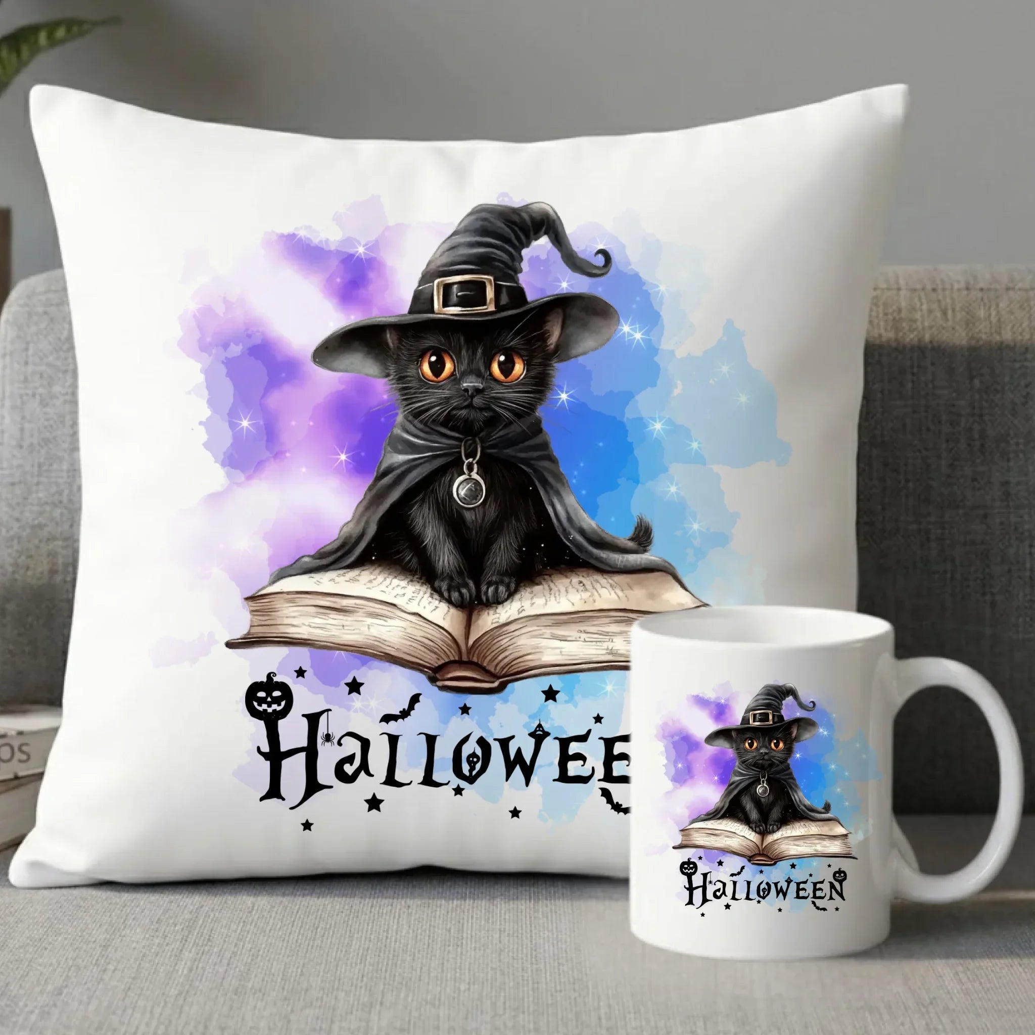 Zestaw poduszka i kubek na Halloween - Kot Czarodziej HL06 - StoryCups.pl