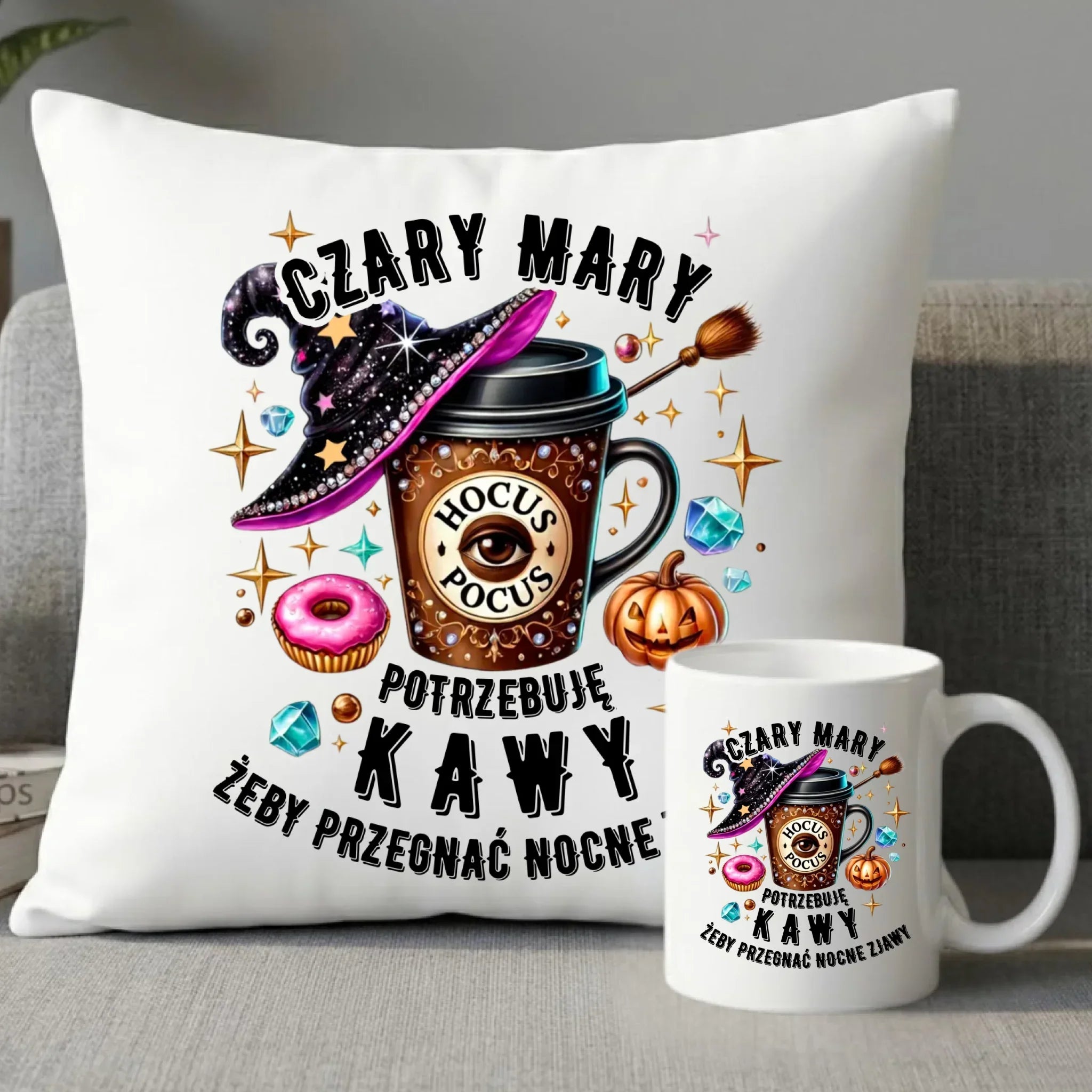 Zestaw poduszka i kubek na Halloween - Potrzebuję kawy HL03 - StoryCups.pl