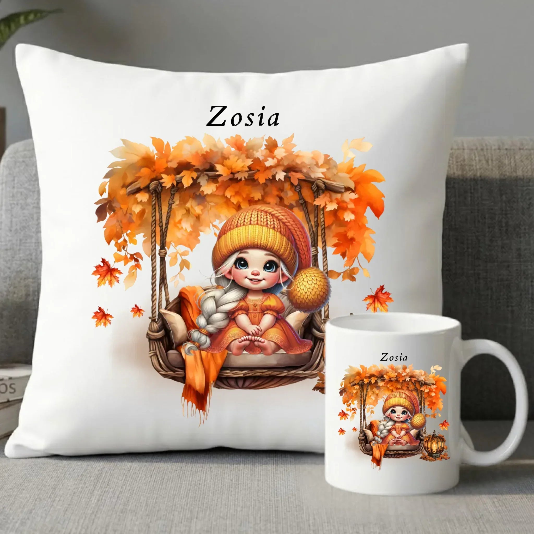 Zestaw poduszka i kubek jesieniara - Dziewczynka z liśćmi - personalizowany JS17 - StoryCups.pl