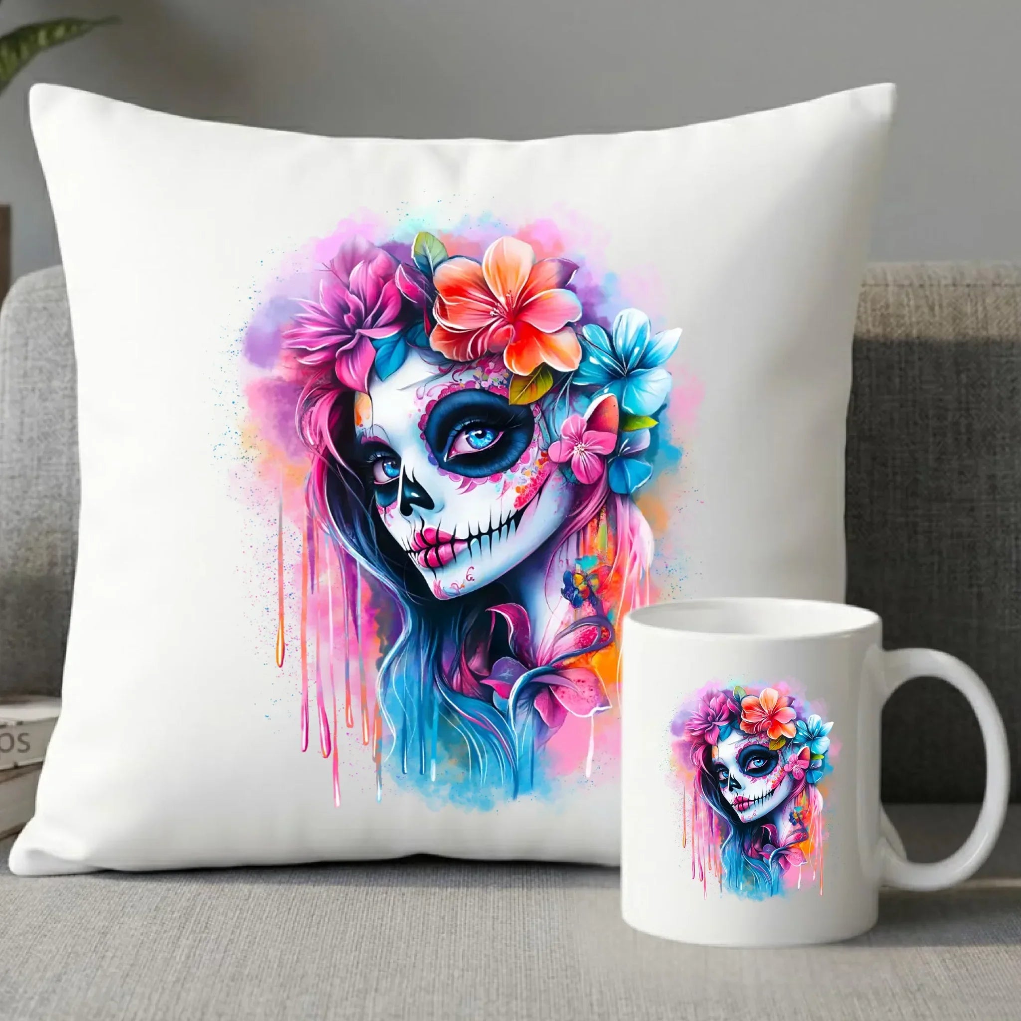 Zestaw poduszka i kubek Halloween - kolorowa czaszka z kwiatami La Muerte HL05 - StoryCups.pl