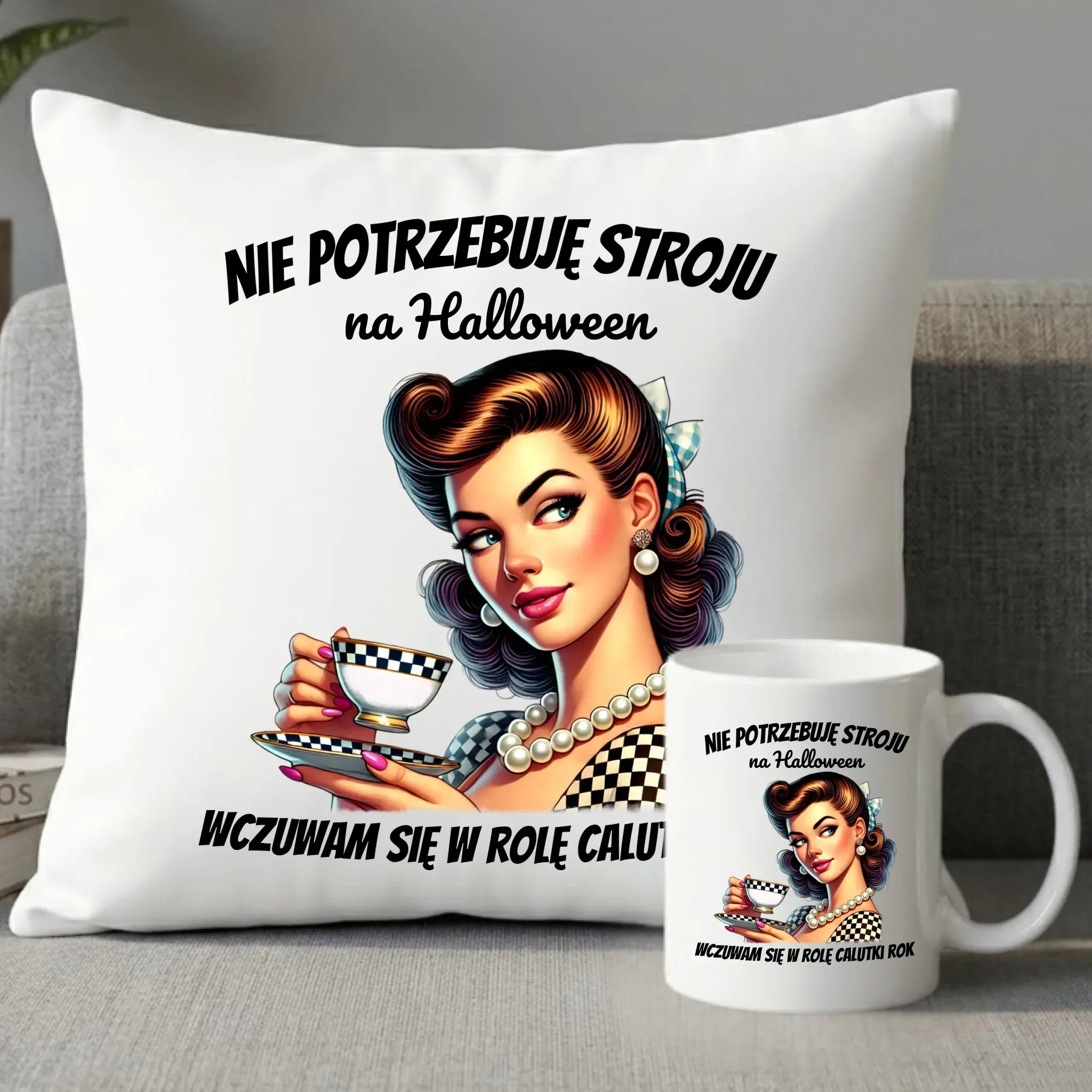 Zestaw poduszka i kubek retro pin-up girl – Nie potrzebuję stroju na Halloween HL29 - StoryCups.pl