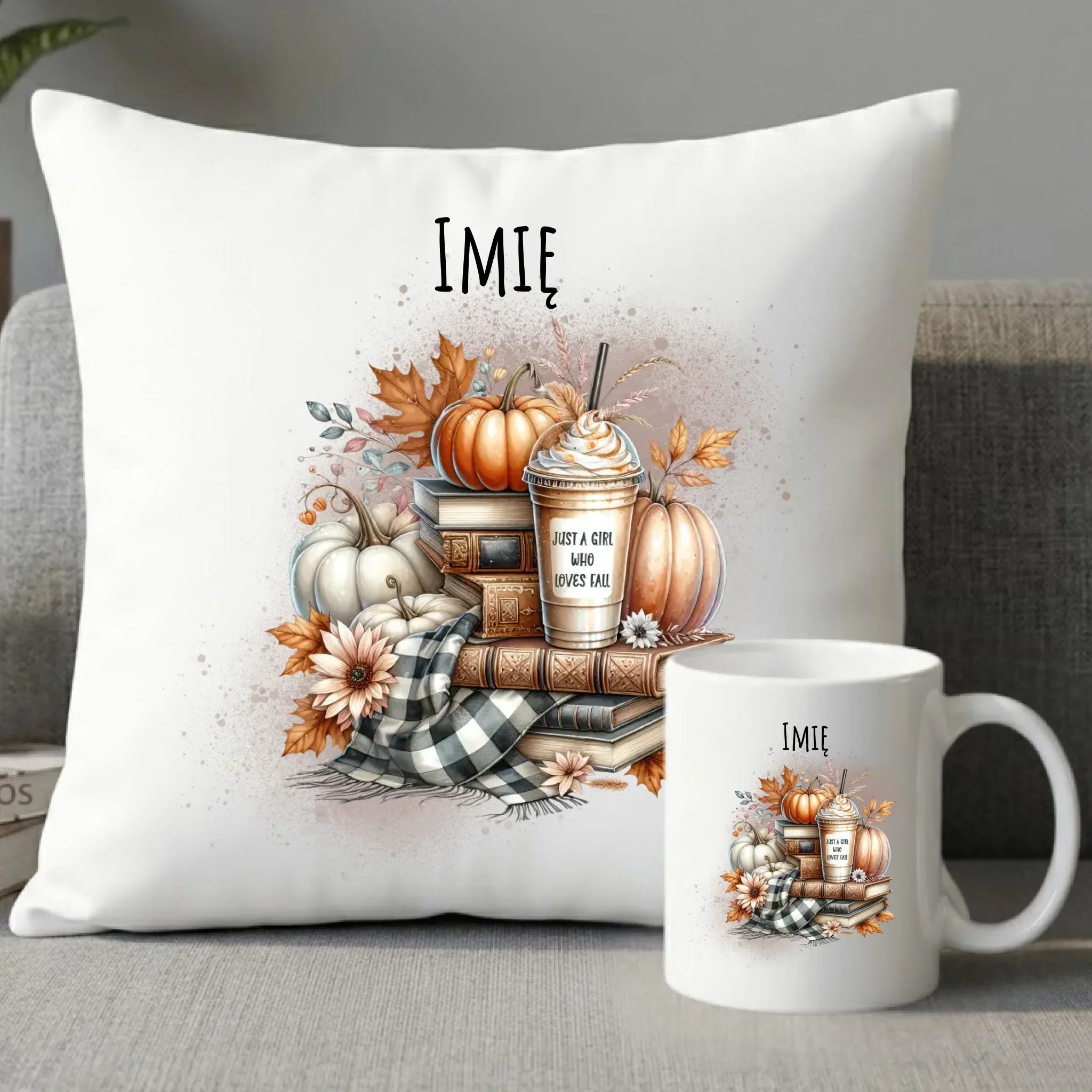 Zestaw poduszka i kubek jesienny - Książkara - personalizowany JS14 - StoryCups.pl