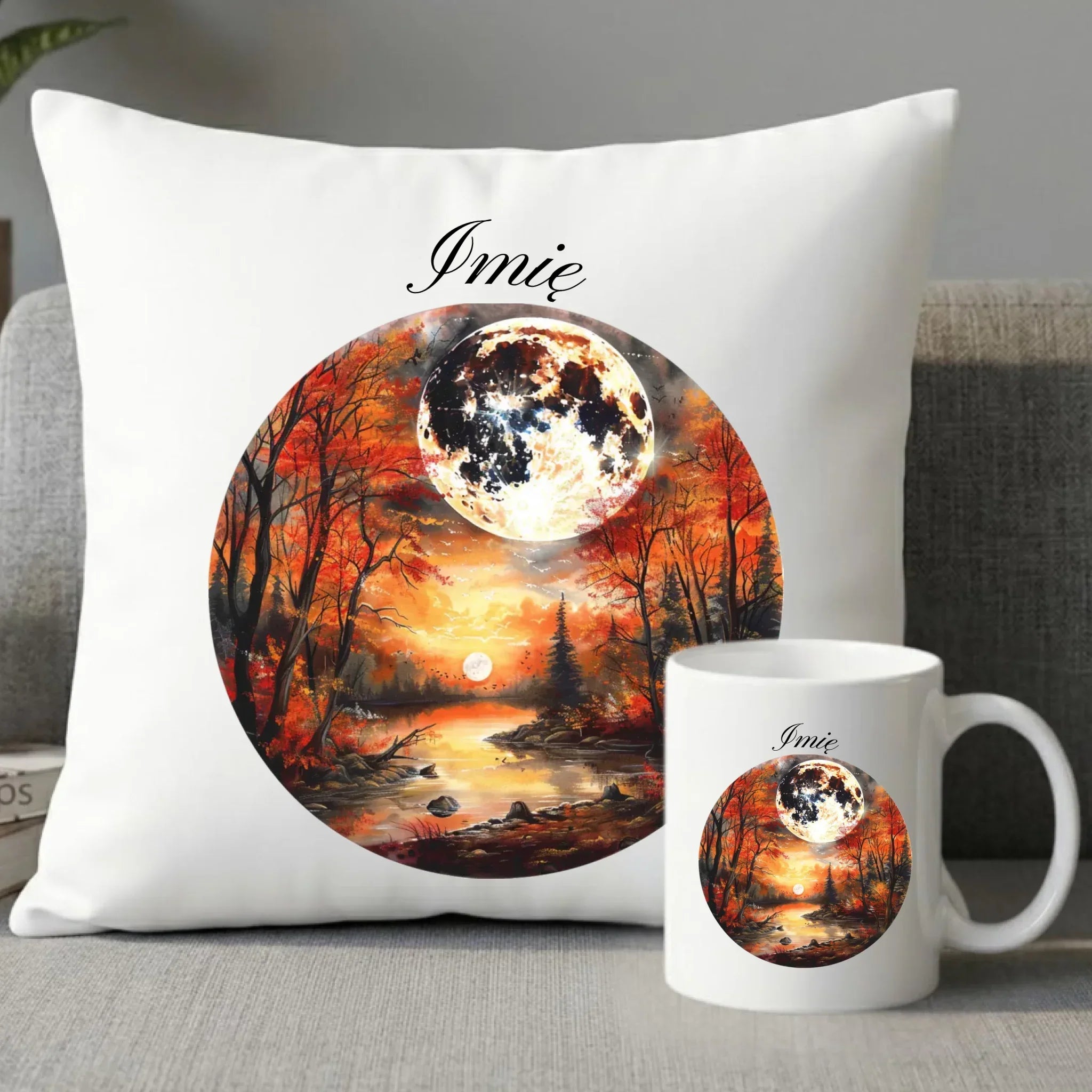 Zestaw poduszka i kubek jesieniara - Pełnia księżyca - personalizowany JS10 - StoryCups.pl