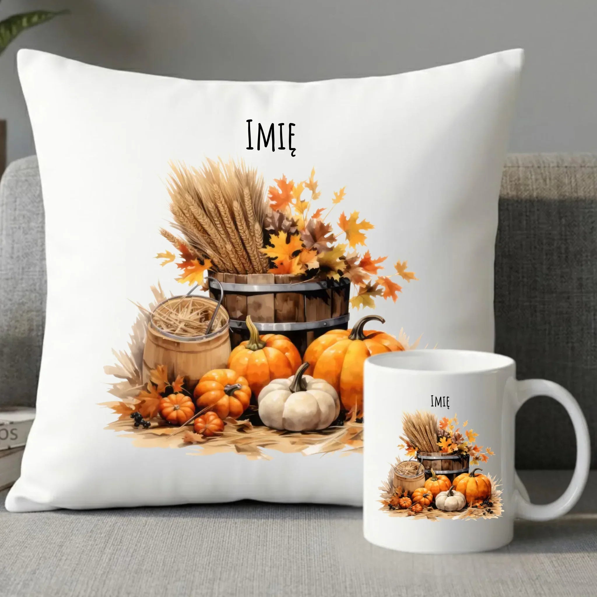 Zestaw poduszka i kubek na jesień - Harvest vibes - personalizowany JS09 - StoryCups.pl