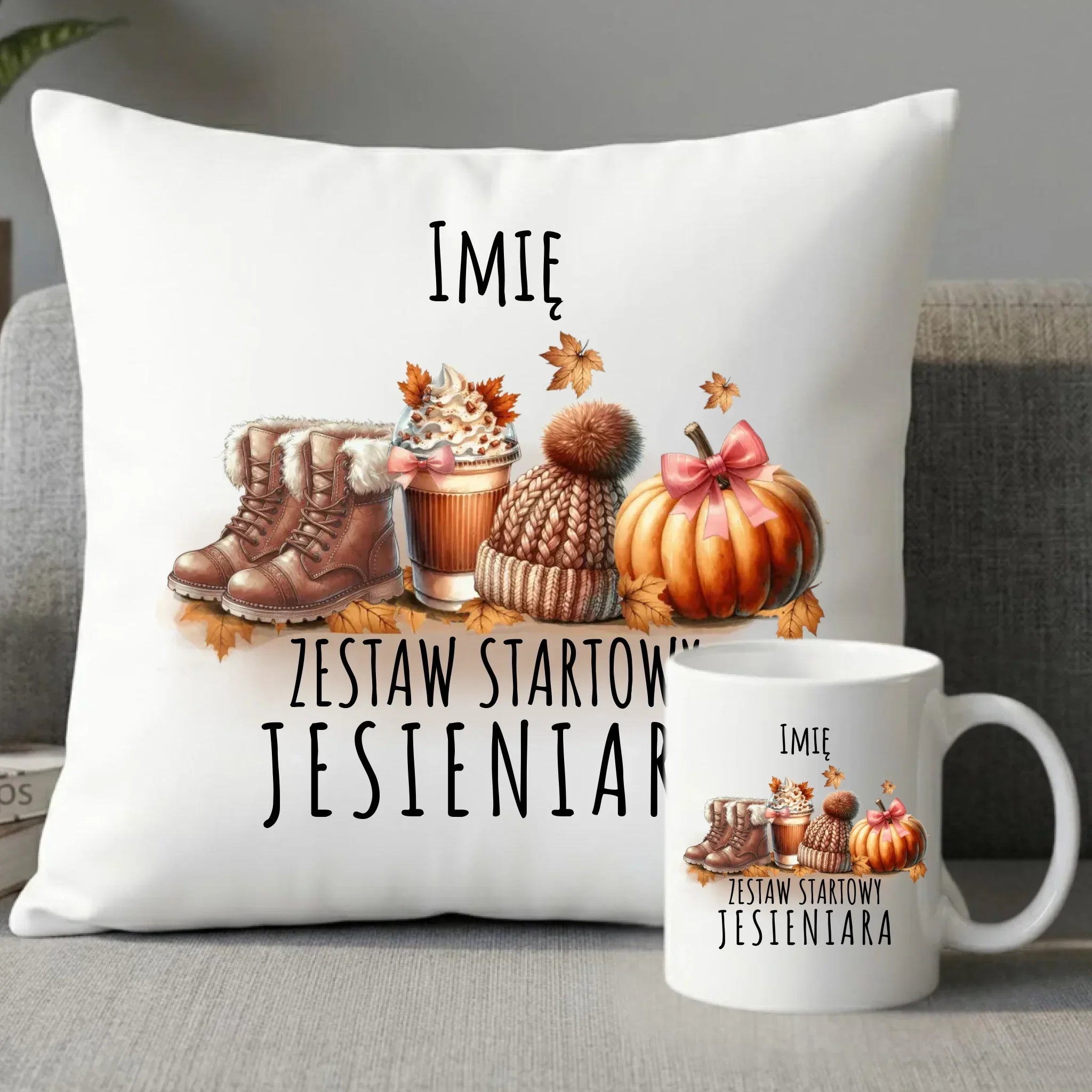 Zestaw poduszka i kubek jesieniara – Zestaw startowy - personalizowana JS05 - StoryCups.pl