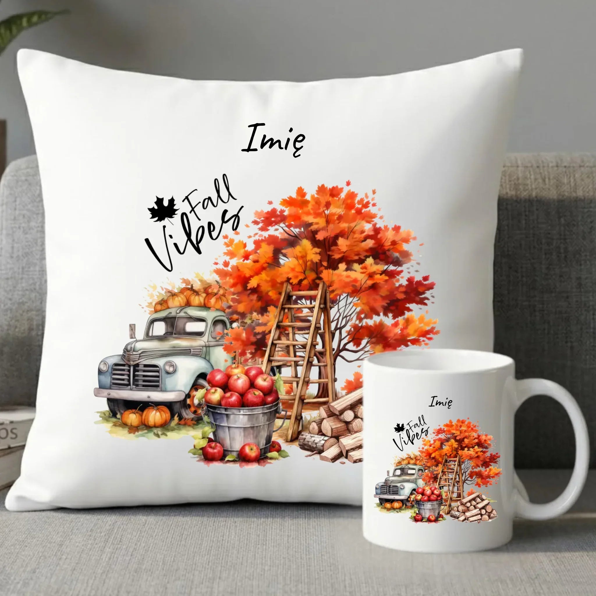 Zestaw poduszka i kubek jesienny – Vintage auto dynie i jabłka – personalizowany JS07 - StoryCups.pl