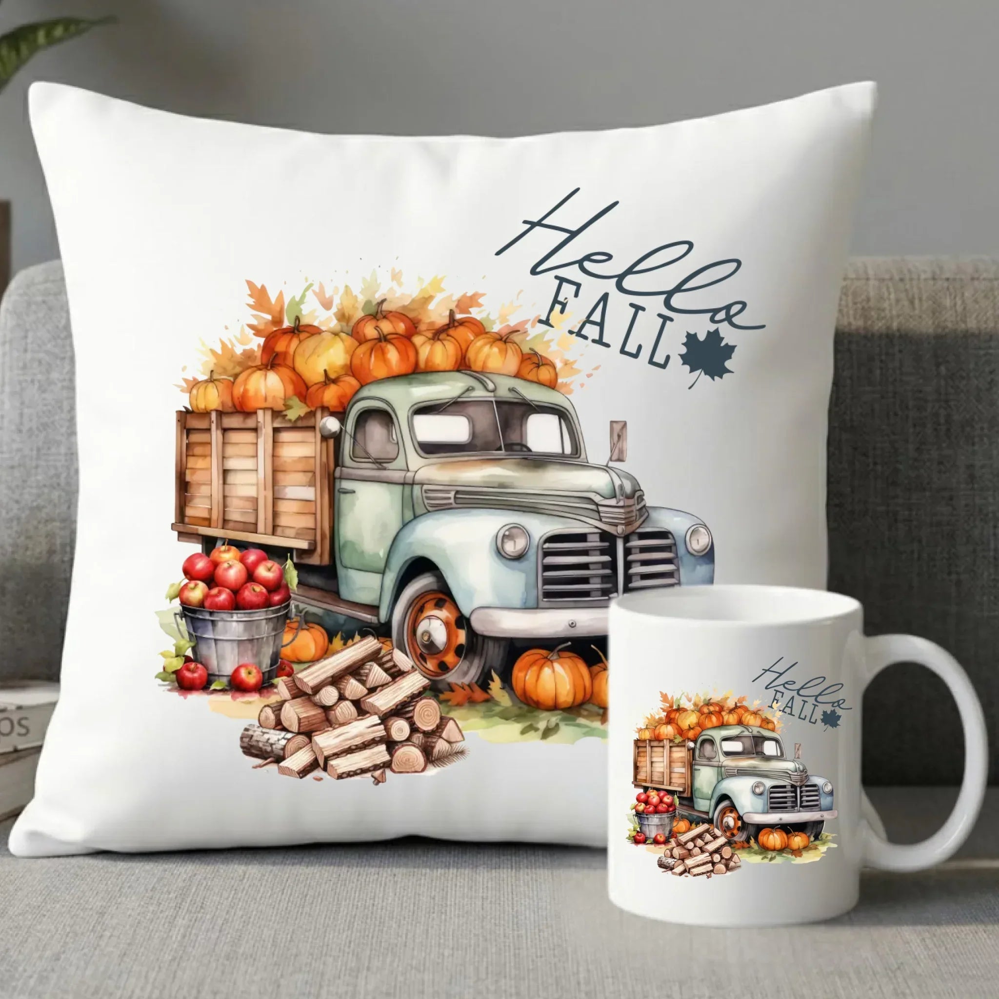 Zestaw poduszka i kubek – Hello Fall ciężarówka z dyniami JS08 - StoryCups.pl