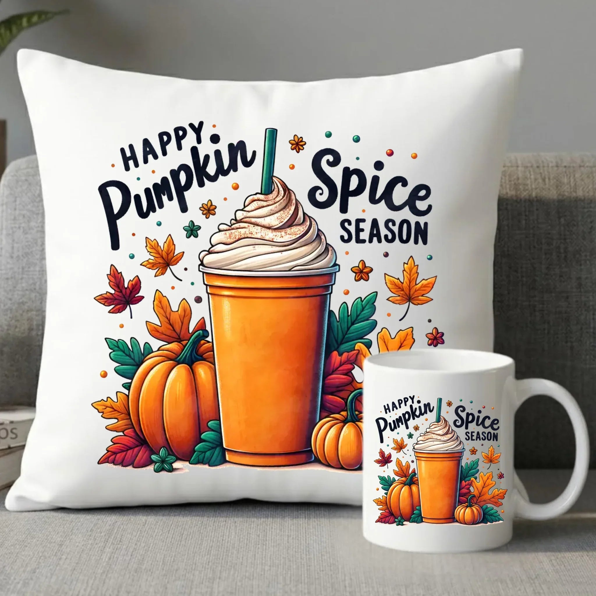 Zestaw poduszka i kubek jesienny - Pumpkin Spice - kawa dyniowa JS02 - StoryCups.pl