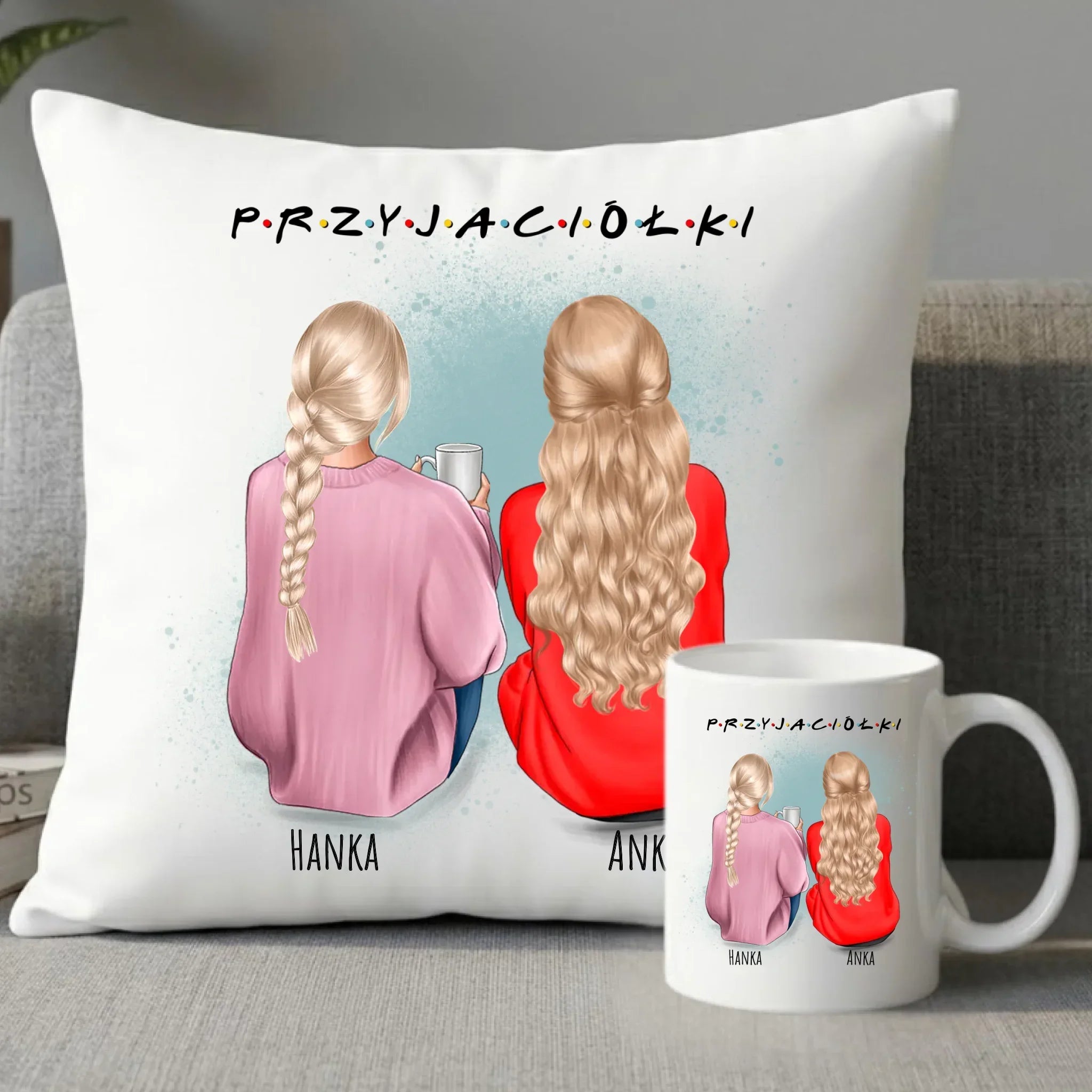 Zestaw poduszka i kubek - prezent dla przyjaciółki - personalizowane postacie 2-4 osoby PR02 - StoryCups.pl