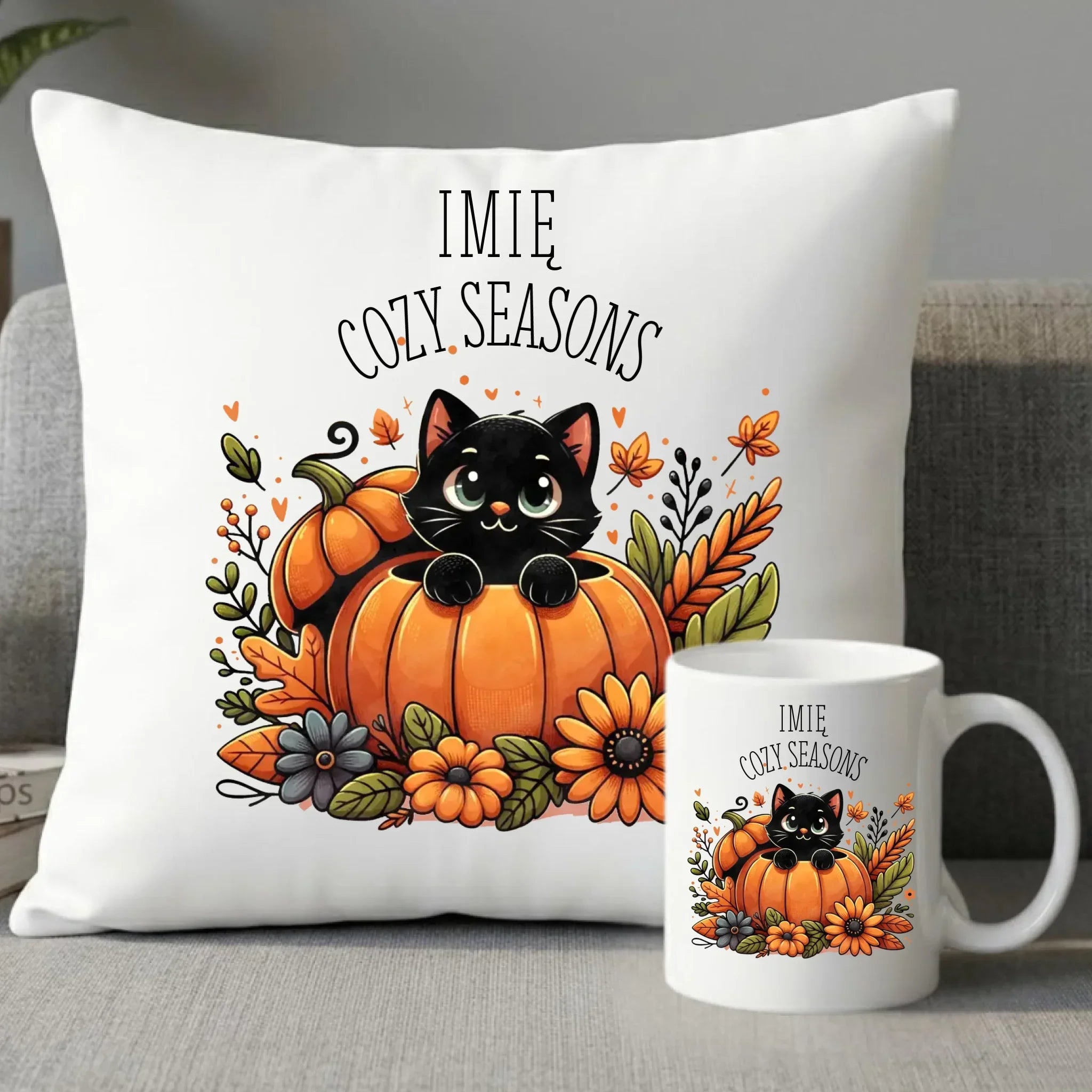 Zestaw poduszka i kubek jesieniara - Cozy Seasons - personalizowany JS01 - StoryCups.pl