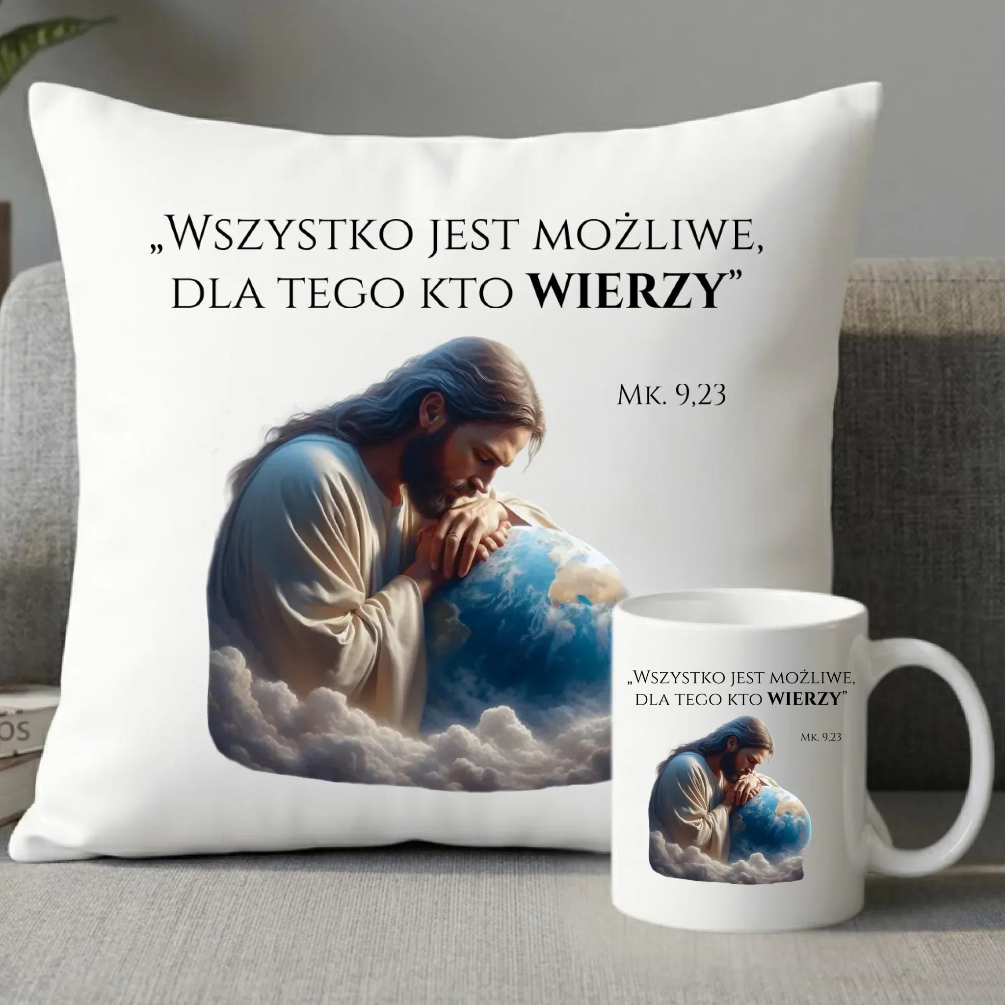 Zestaw poduszka i kubek chrześcijański WSZYSTKO JEST MOŻLIWE DU05 - StoryCups.pl
