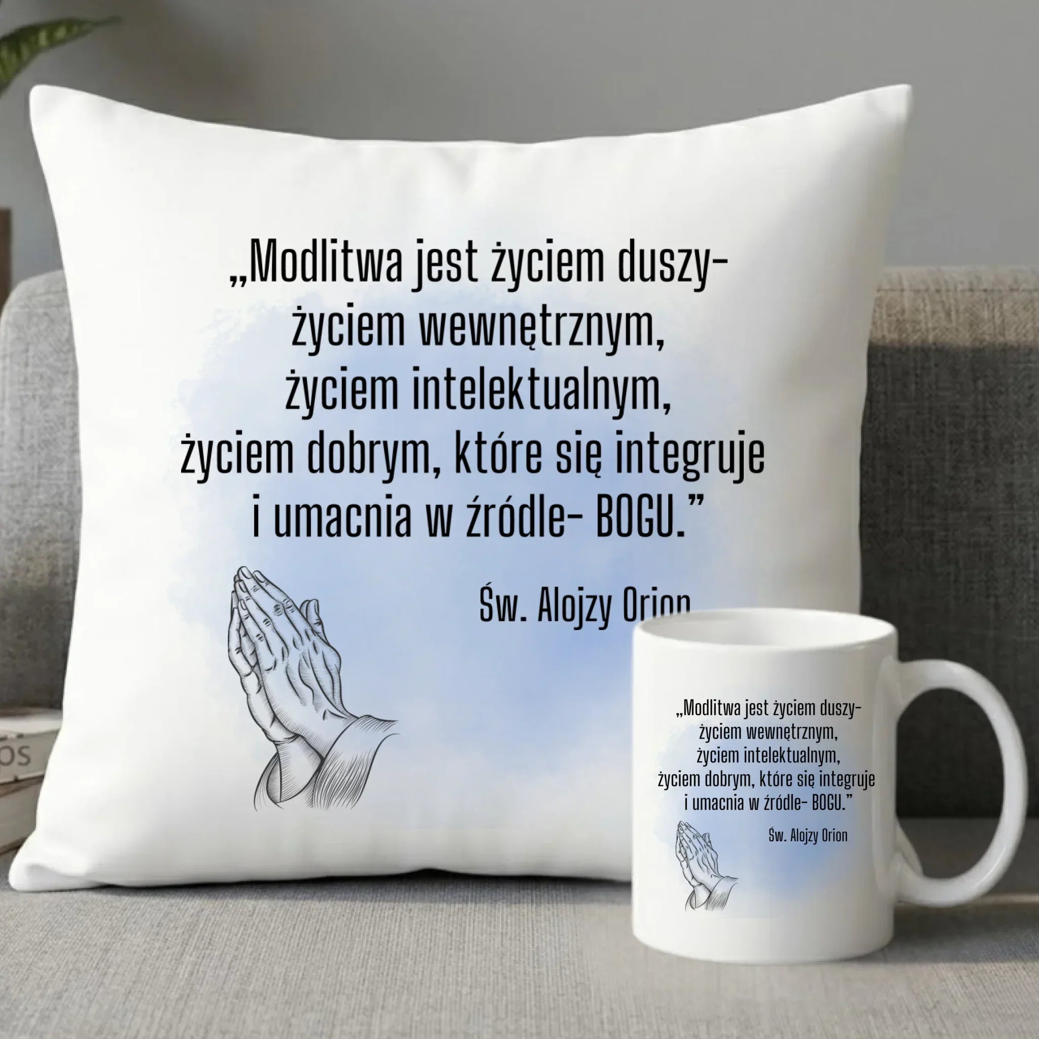 Zestaw poduszka i kubek MODLITWA JEST ŻYCIEM DUSZY św. Alojzy Orion DU02 - StoryCups.pl