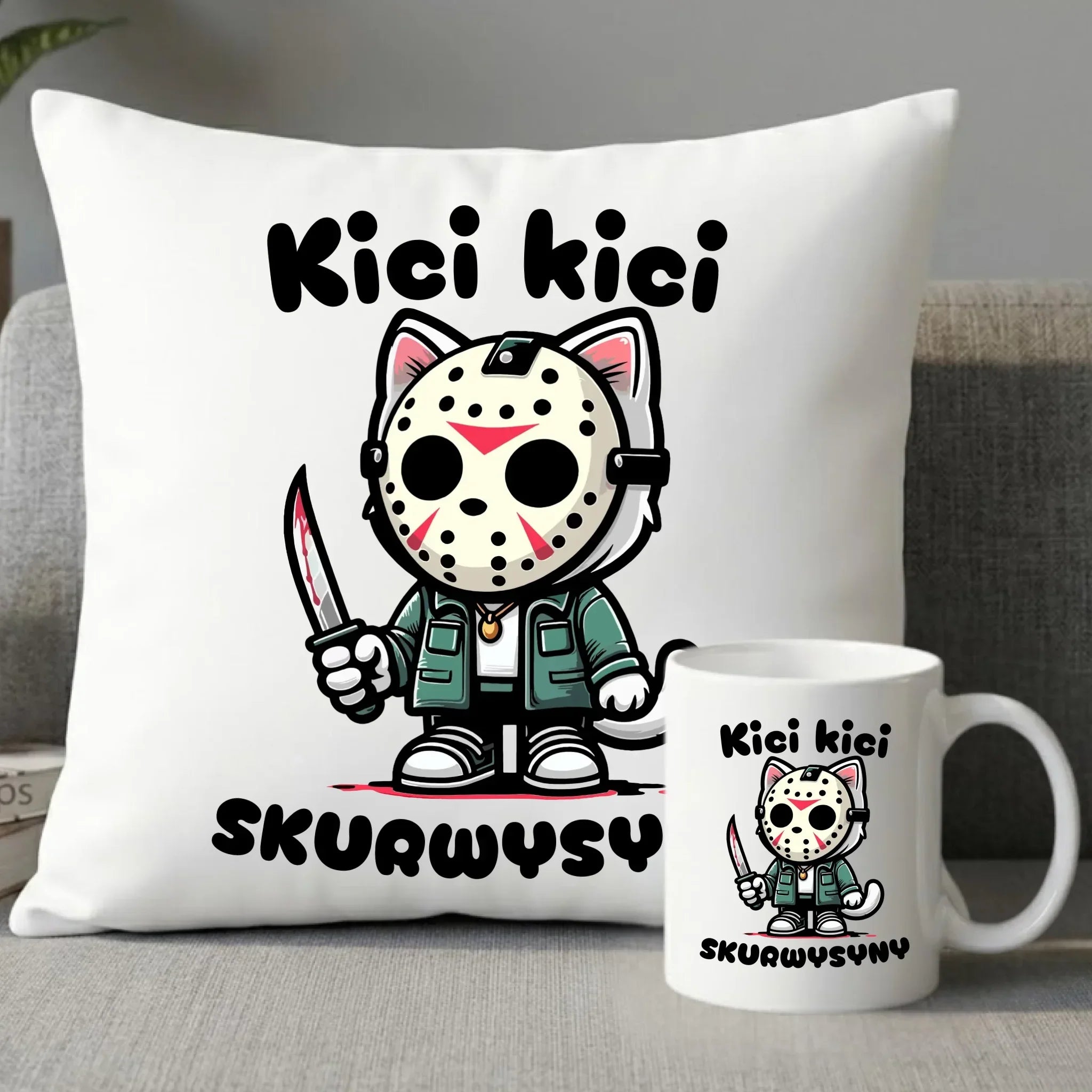 Zestaw poduszka i kubek na Halloween - Kici kici sk*rwysyny - bez cenzury HL28 - StoryCups.pl