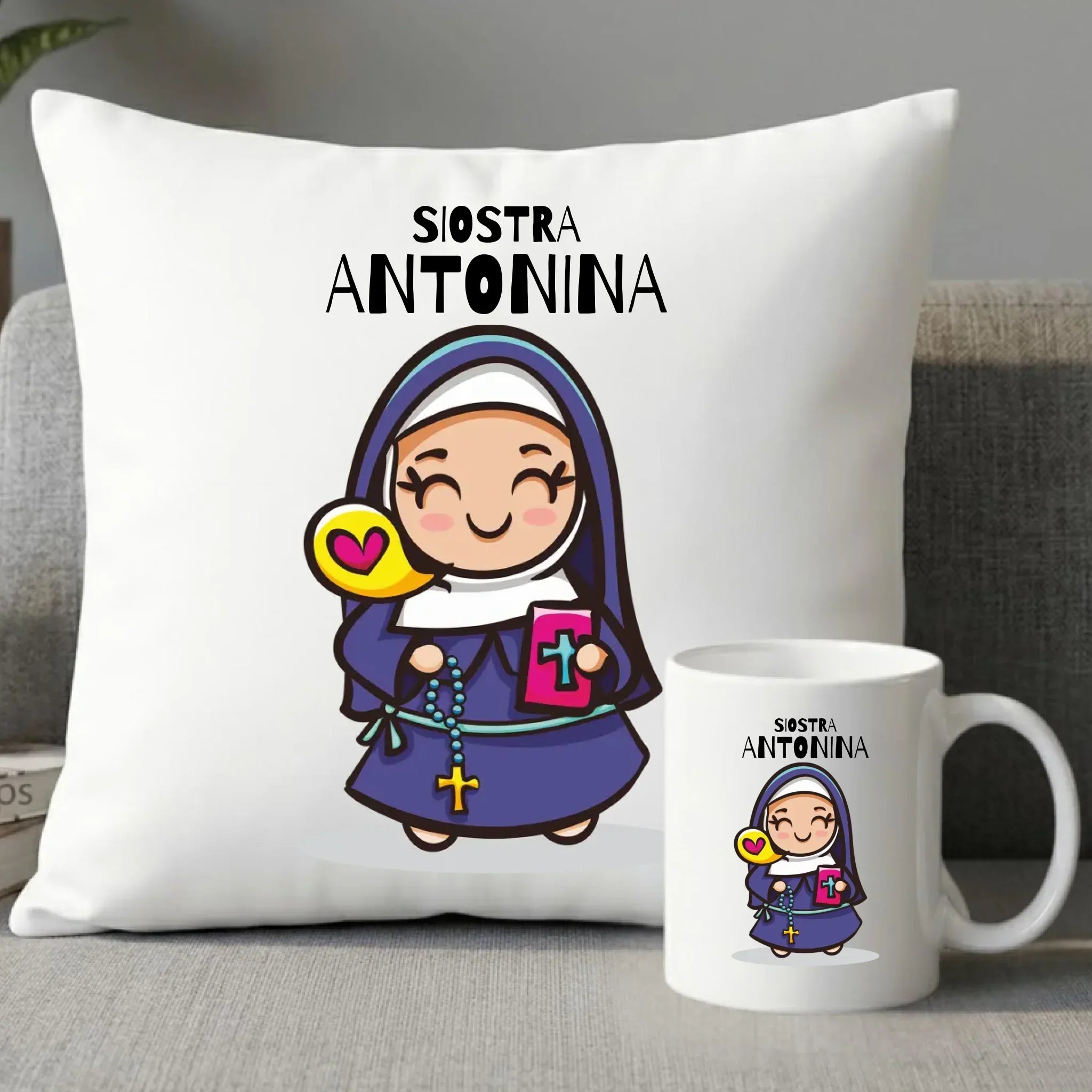 Siostra zakonna | Zestaw poduszka i kubek z imieniem na prezent N30 - StoryCups.pl
