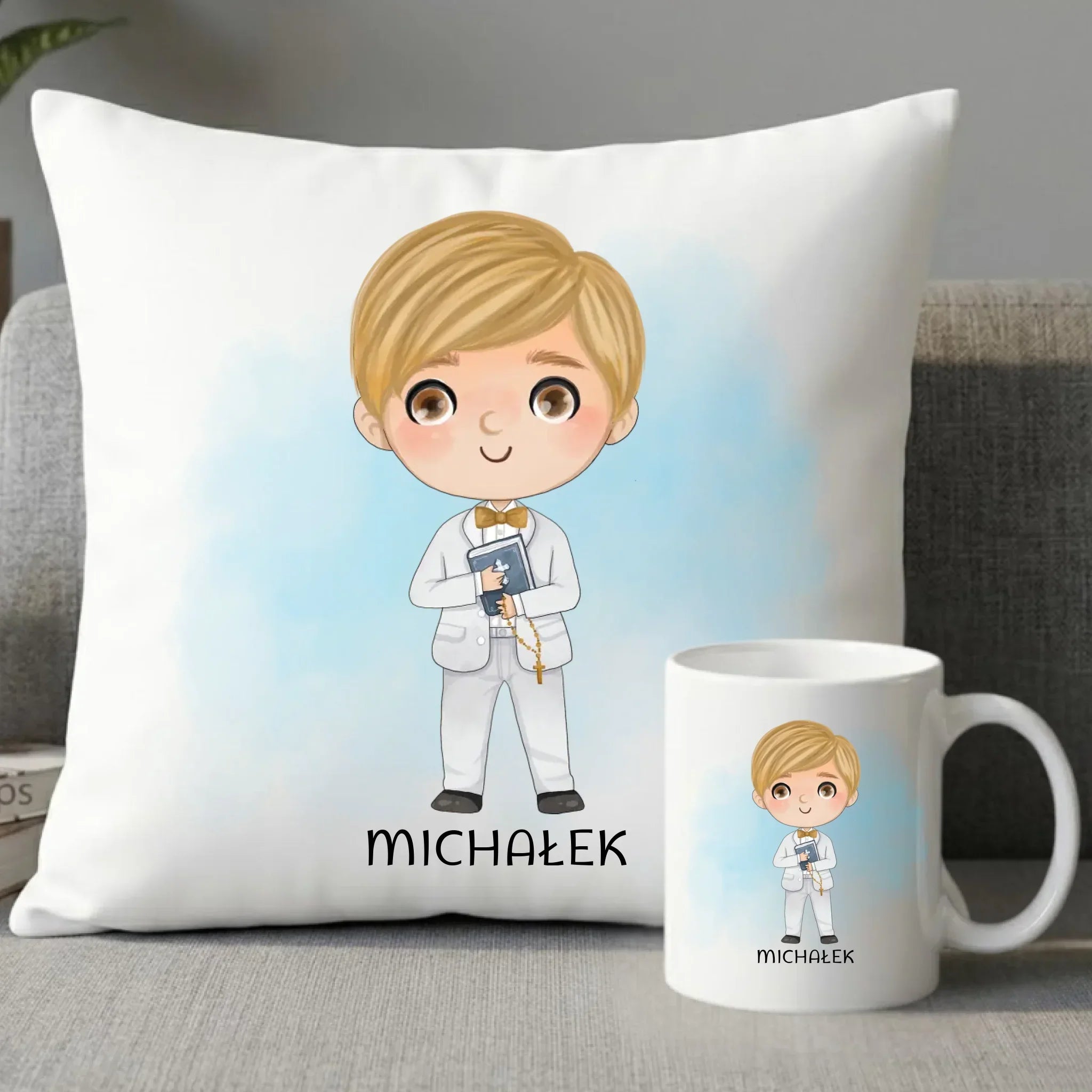 Zestaw poduszka i kubek Pierwsza Komunia Święta dla chłopca personalizacja cytat PK05 - StoryCups.pl