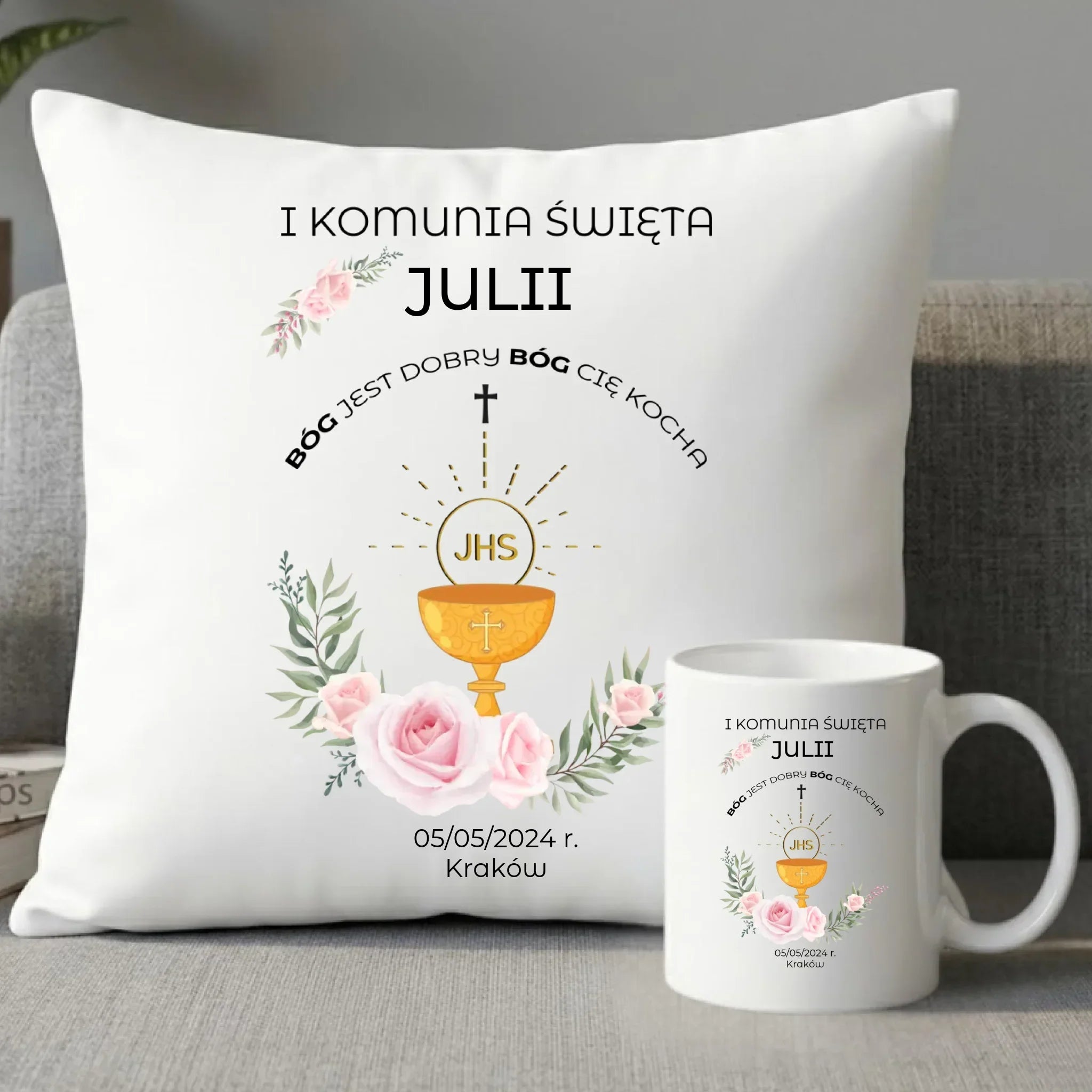 Zestaw poduszka i kubek Pierwsza Komunia Święta imię, data, miejscowość PK01 - StoryCups.pl