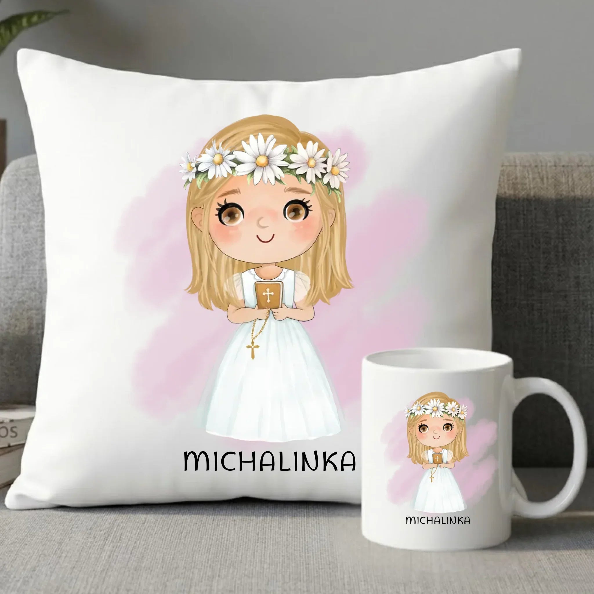 Zestaw poduszka i kubek Pierwsza Komunia Święta dla dziewczynki personalizacja cytat PK04 - StoryCups.pl