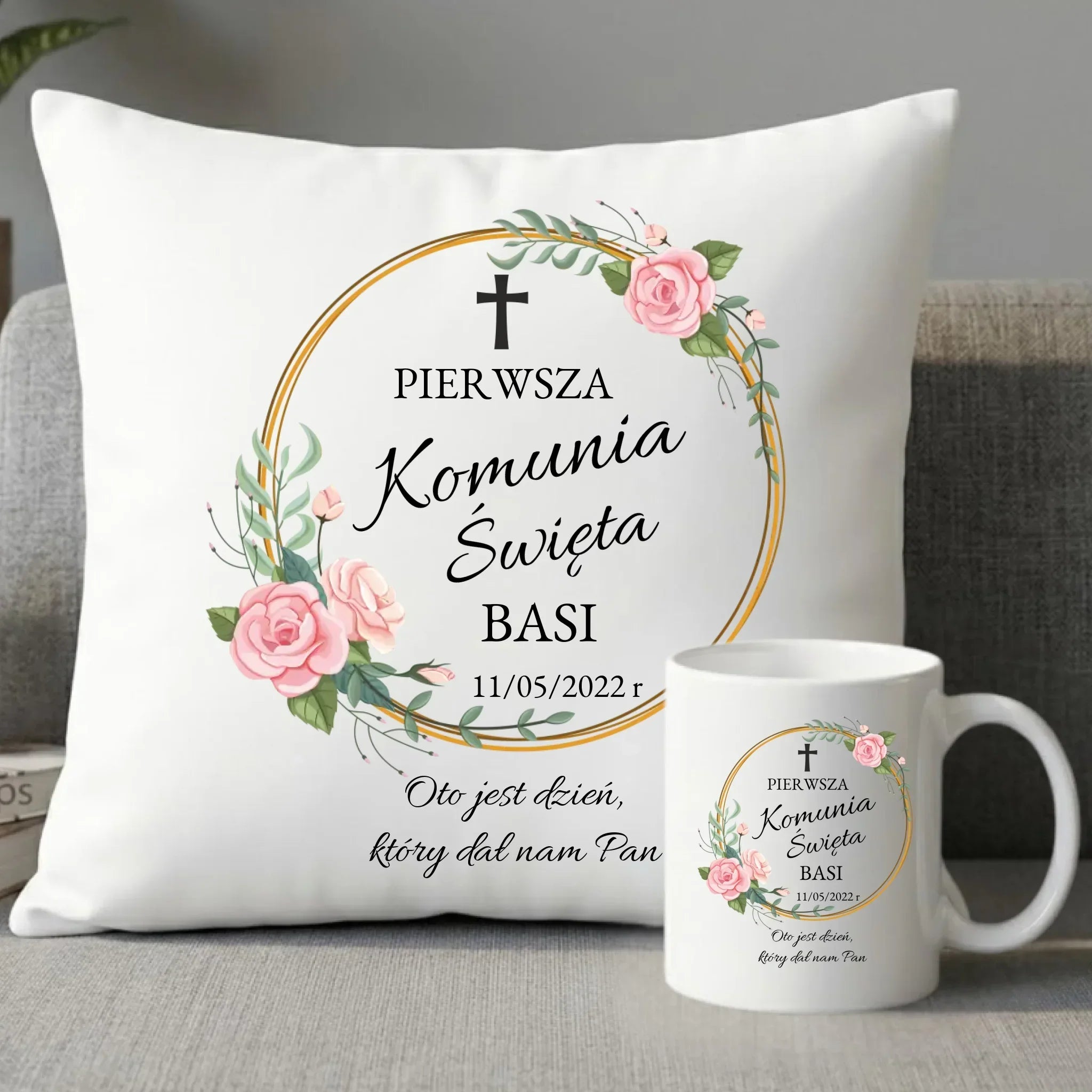 Zestaw poduszka i kubek Pierwsza Komunia Święta dla dziewczynki personalizacja PK03 - StoryCups.pl