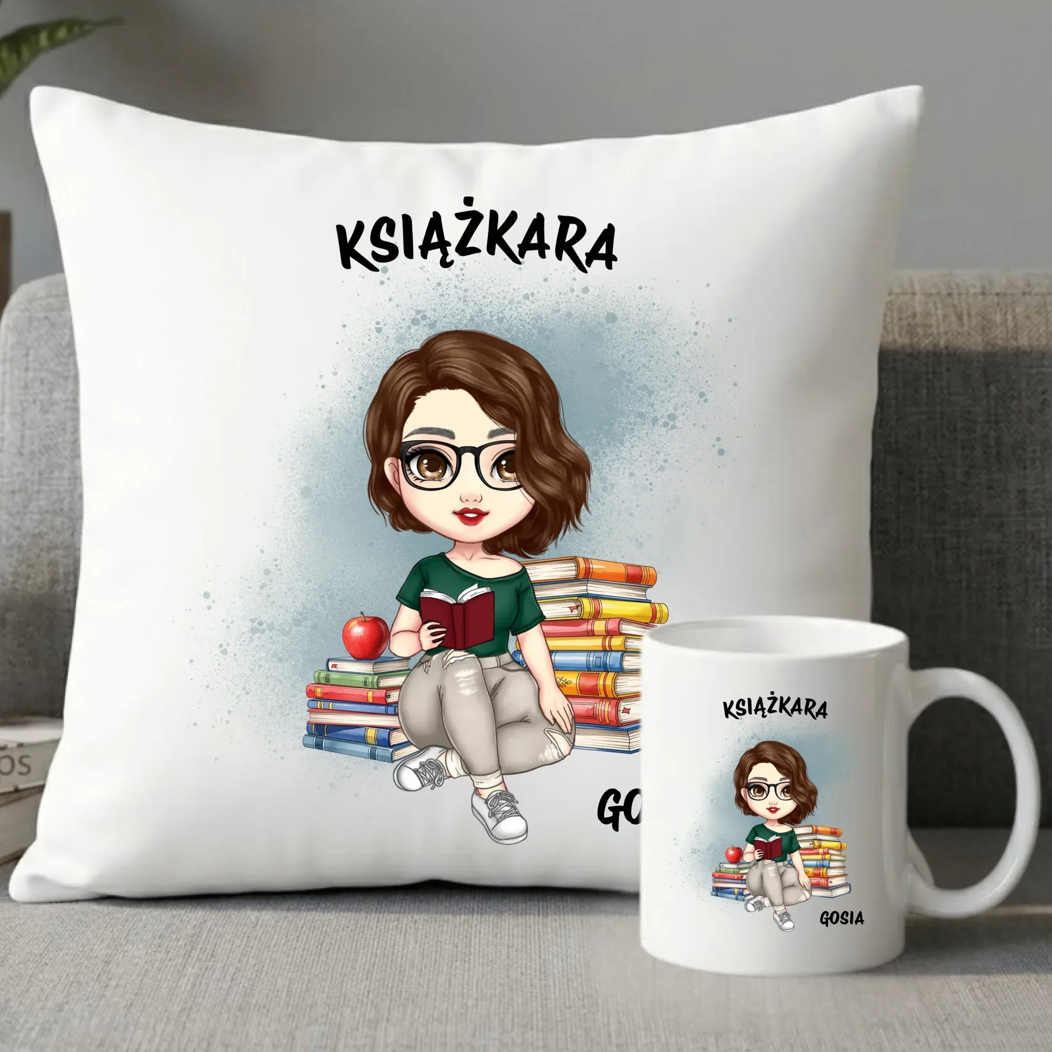 Zestaw poduszka i kubek - Książkara - Prezent dla miłośniczki czytania książek - personalizowany DZ03 - StoryCups.pl