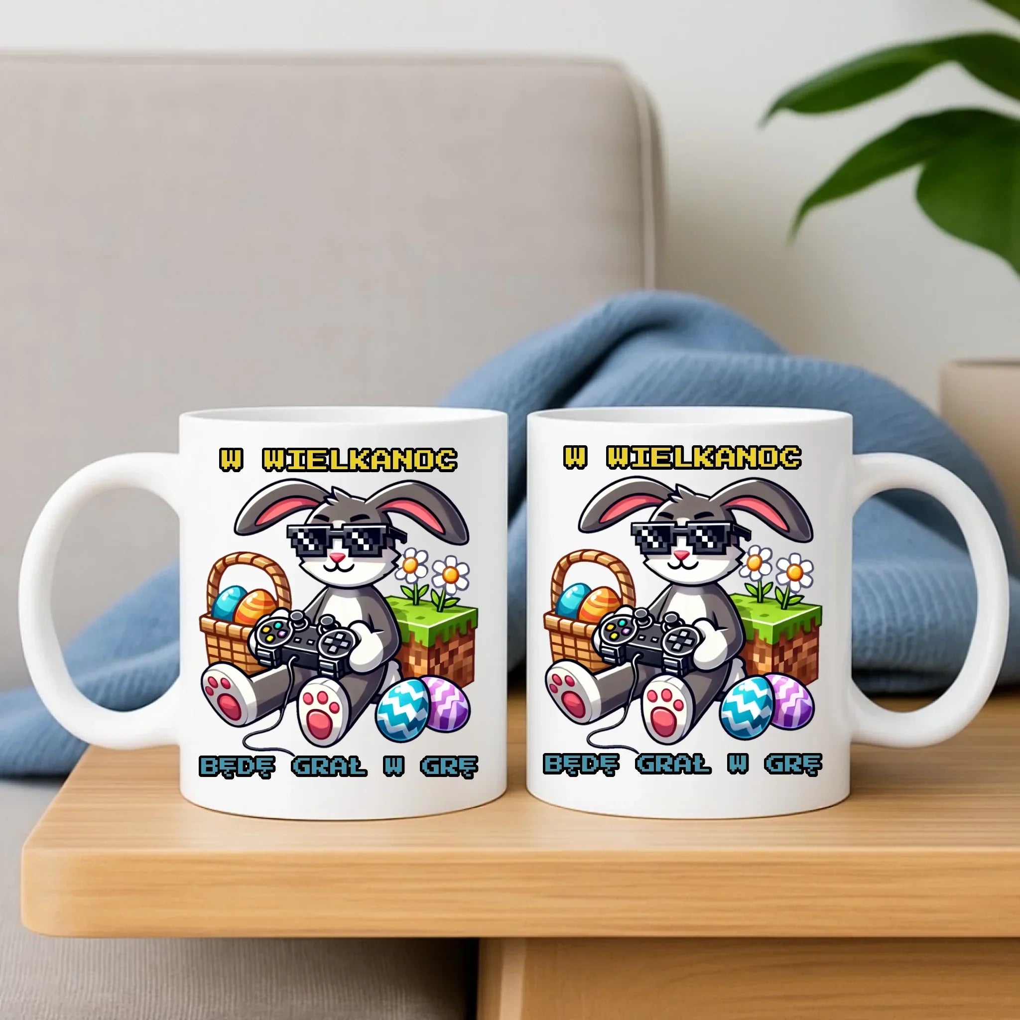 Zestaw poduszka i kubek Wielkanocny - Zajączek w stylu Minecraft Gamer WN22 - StoryCups.pl