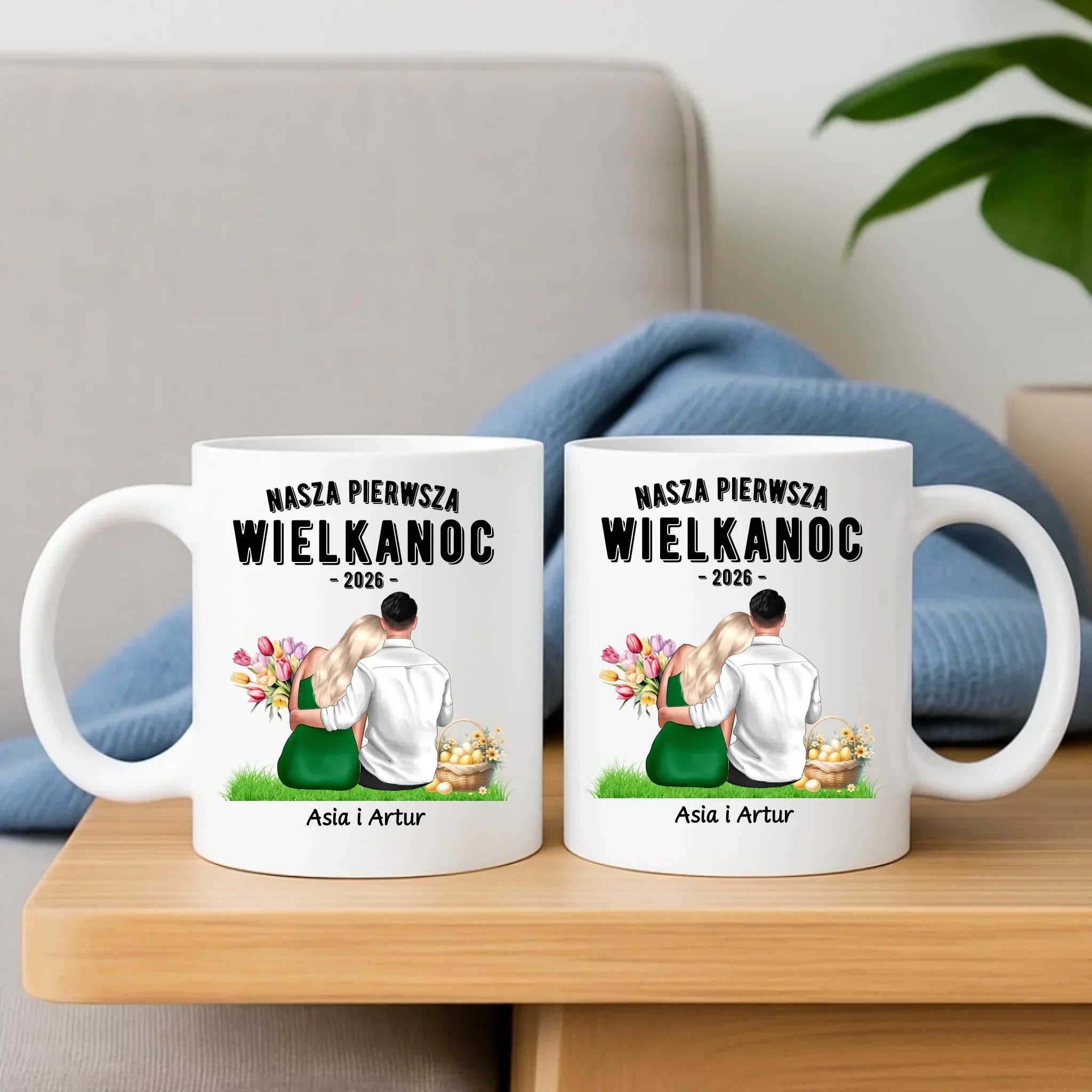 Zestaw poduszka i kubek wielkanocny dla par - Nasza pierwsza Wielkanoc - personalizowany WN16 - StoryCups.pl