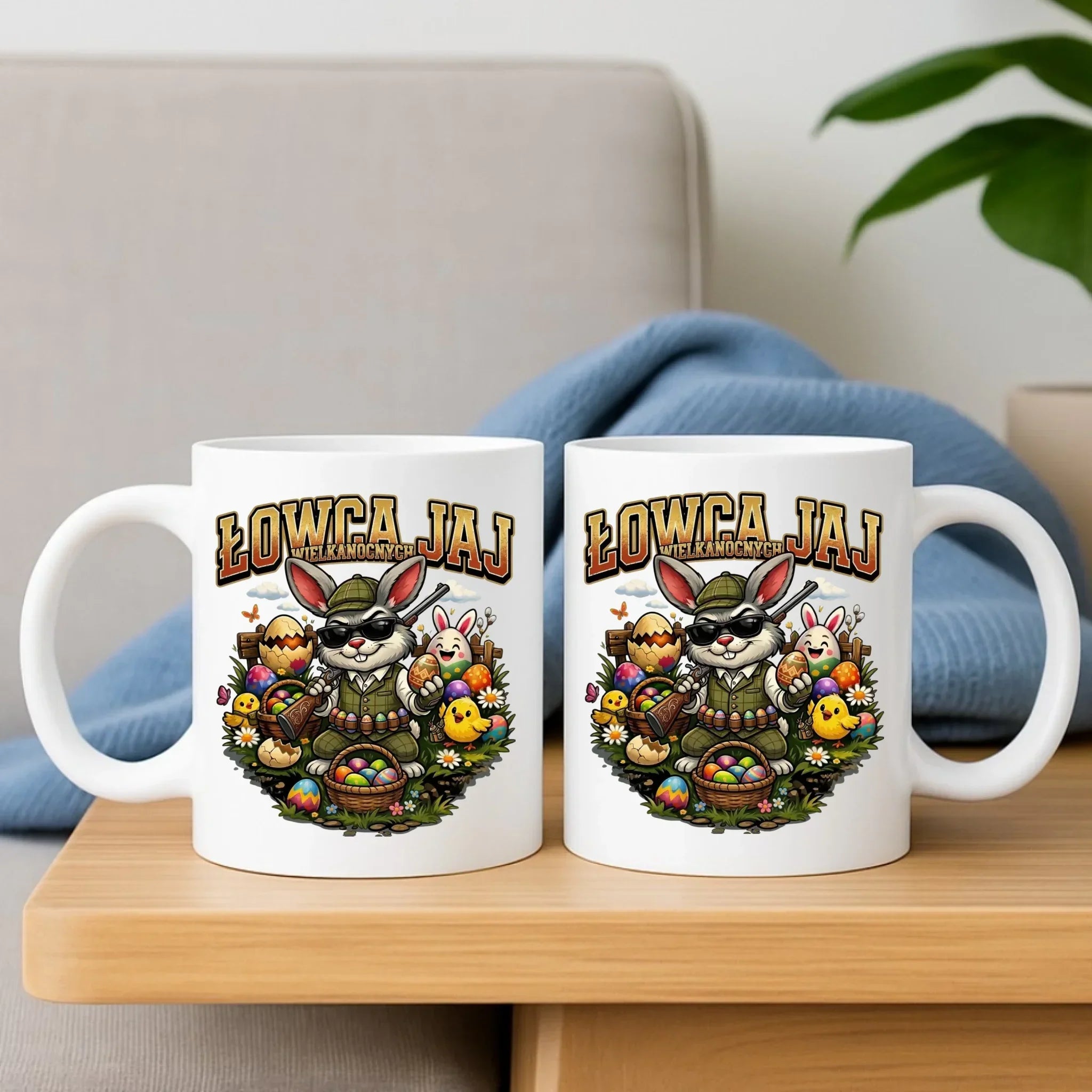 Zestaw poduszka i kubek wielkanocny - Zając Łowca Jaj WN12 - StoryCups.pl