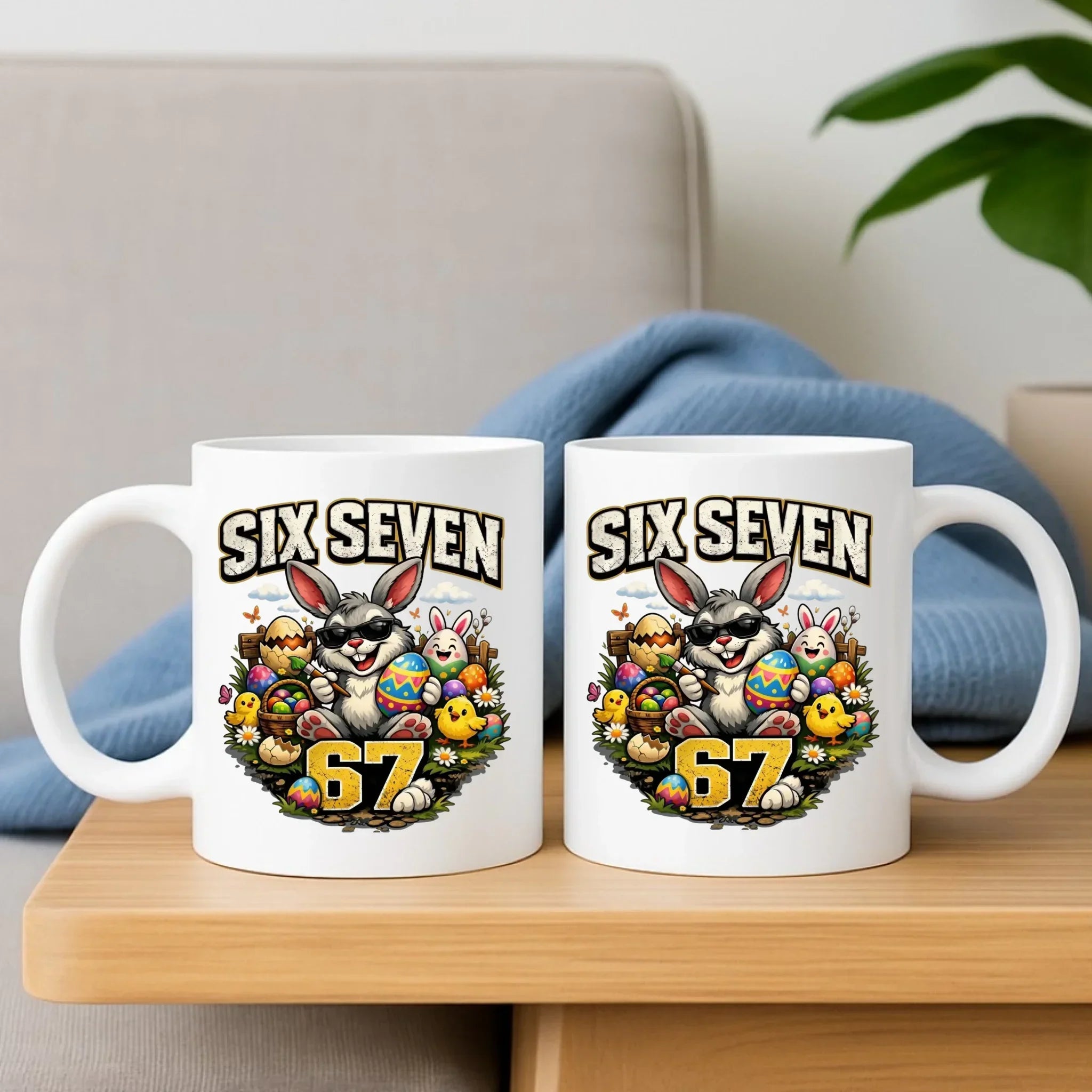 Zestaw poduszka i kubek wielkanocny - Zając Six Seven 67 WN10 - StoryCups.pl