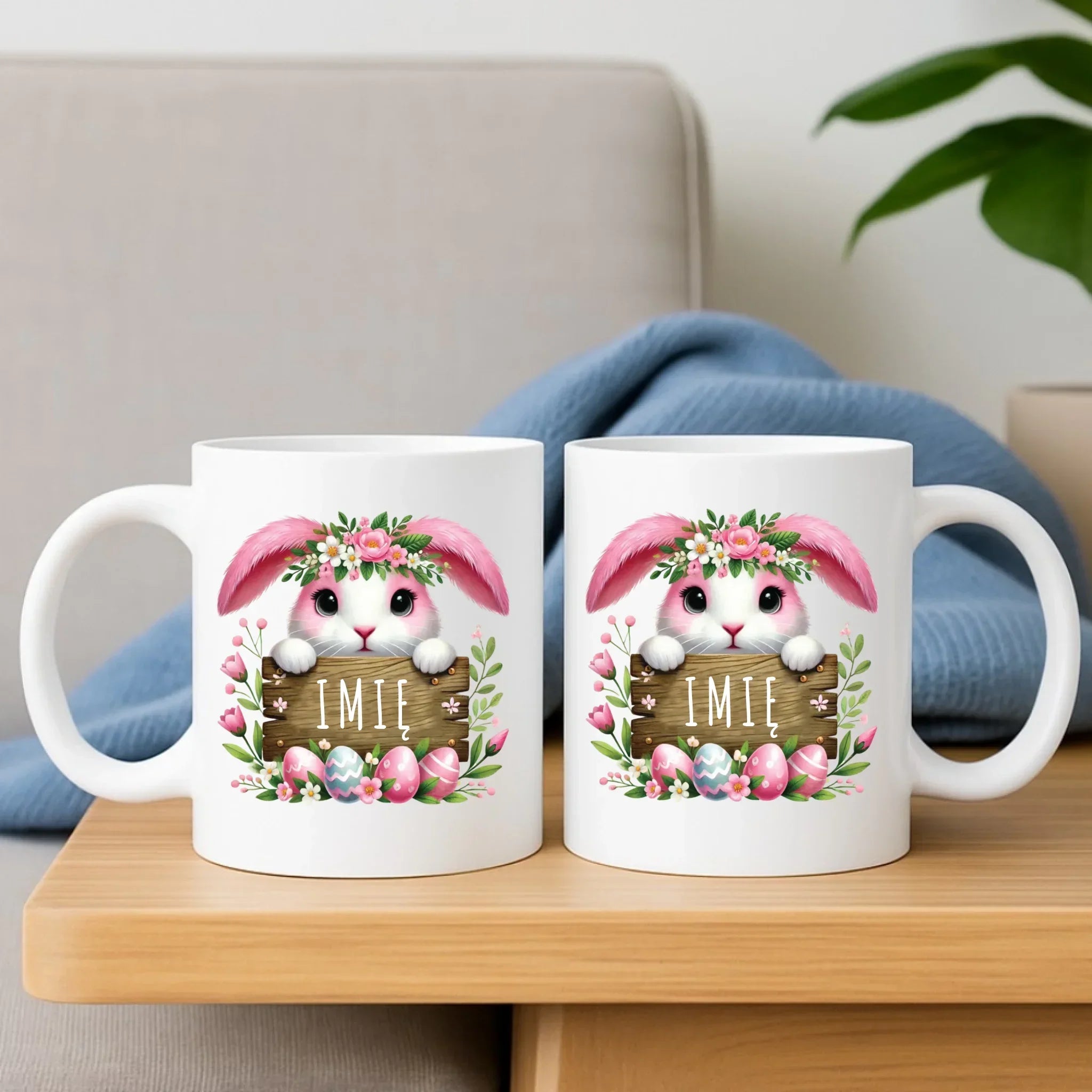 Zestaw poduszka i kubek na Wielkanoc - Słodki Różowy Zajączek - Prezent personalizowany WN07 - StoryCups.pl