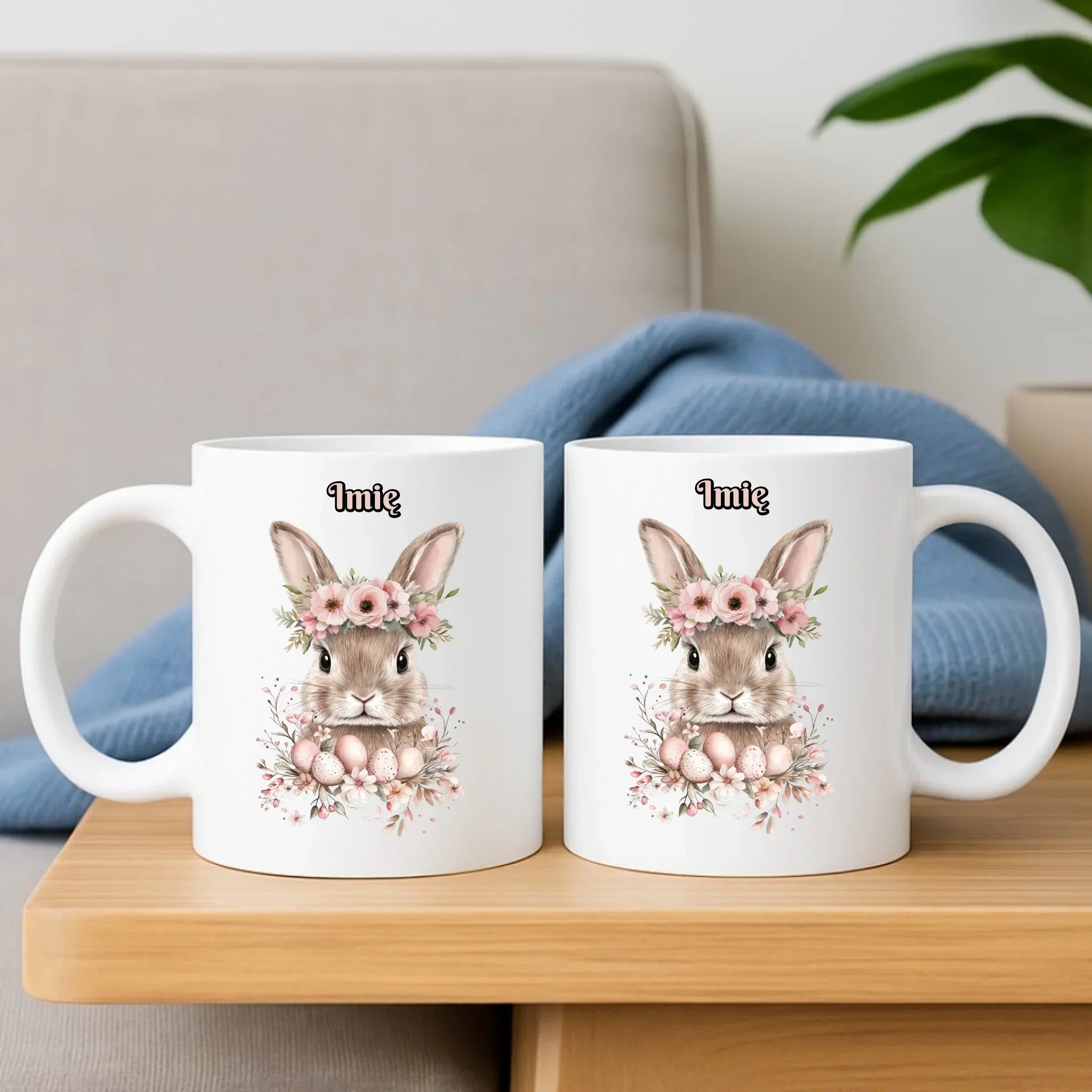 Zestaw poduszka i kubek na Wielkanoc - Zajączek Boho - Prezent personalizowany WN05 - StoryCups.pl
