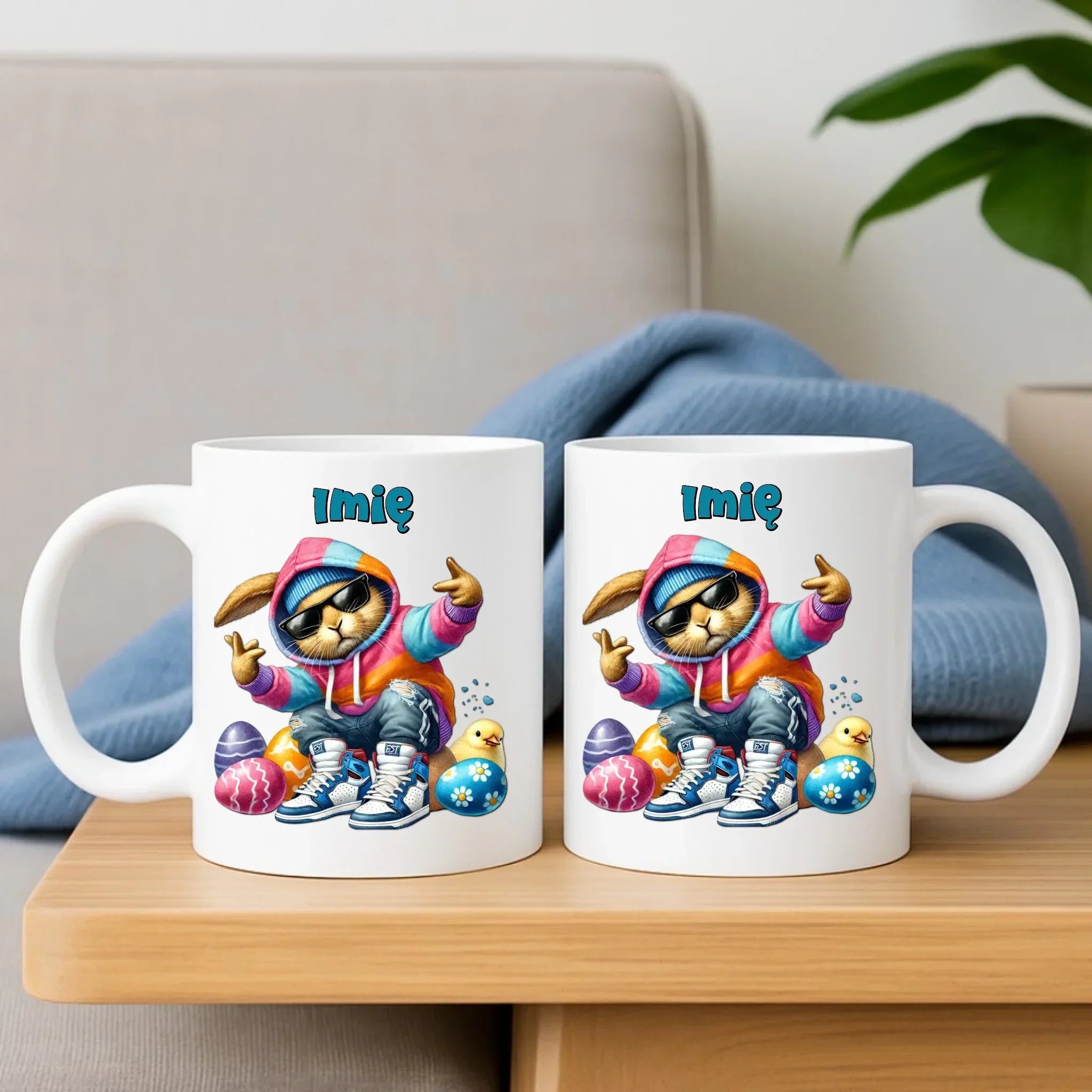Zestaw poduszka i kubek na Wielkanoc - Sigma Zając w pisankach - Prezent personalizowany WN04 - StoryCups.pl