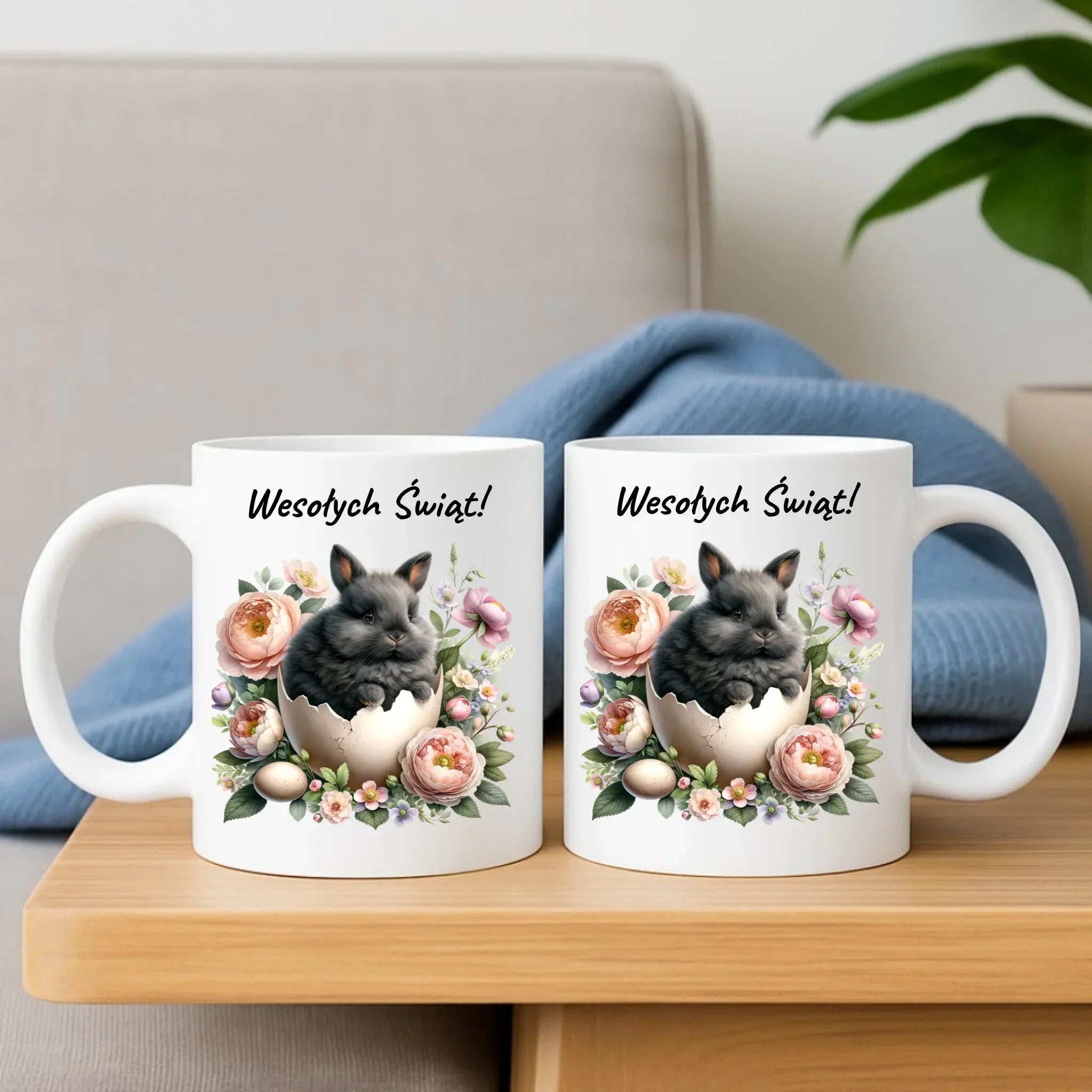 Zestaw poduszka i kubek na Wielkanoc - Zajączek w pisance Wesołych Świąt WN03 - StoryCups.pl