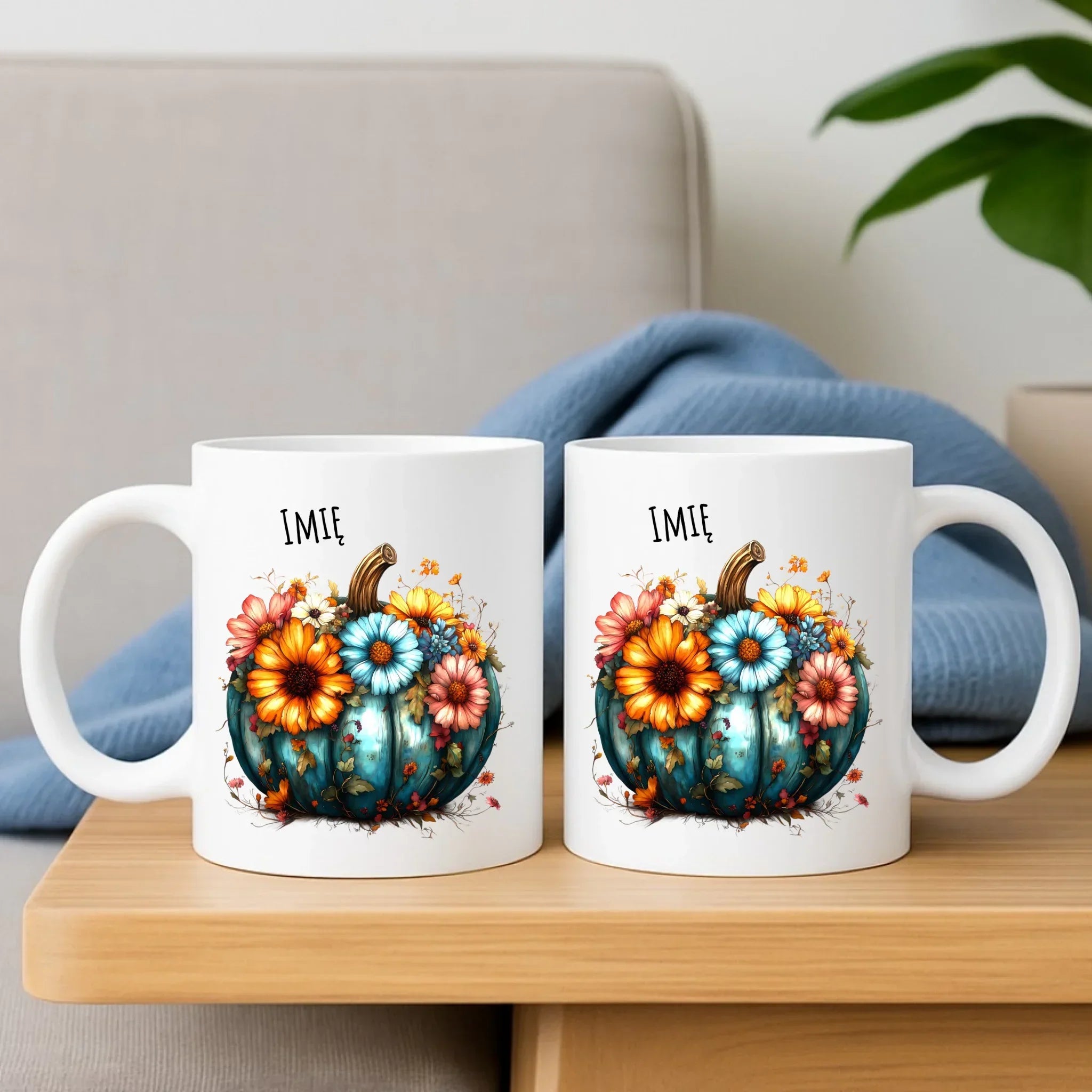 Zestaw poduszka i kubek jesienny - Kwiatowa dynia - personalizowany JS27 - StoryCups.pl