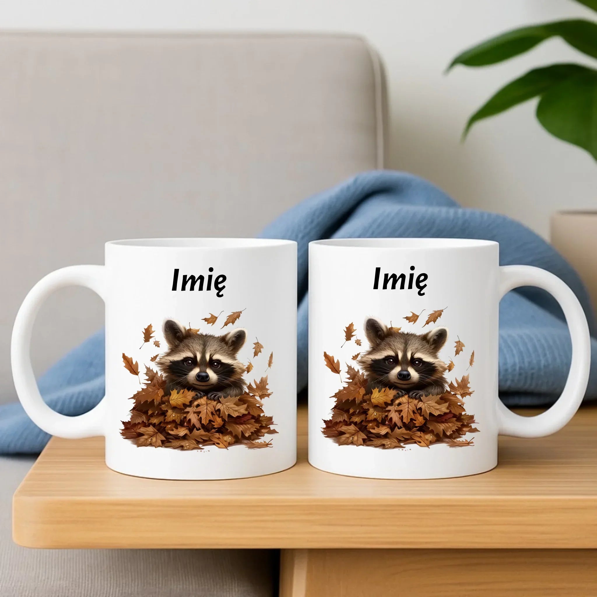 Zestaw poduszka i kubek jesienny - Szop w liściach - personalizowany JS24 - StoryCups.pl